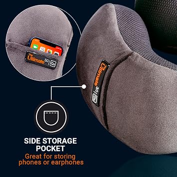 Go Travel Ultimate 3.0 Travel Pillow, Deluxe Memory Foam Neck Pillow with Magnetic Closure and Side Pocket, Ideal for Commute, Airplane, Car & Bus, Travel Essentials, Made in USA, Dark Gray