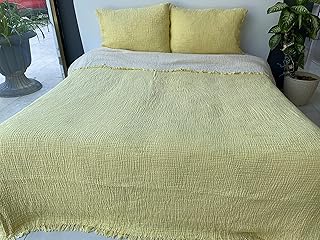 Manta de muselina 100% algodón, colcha de 4 capas, funda de cama de muselina de algodón turco suave, colcha reversible, color amarillo (fundas de almohada estándar de 50 x 70 cm)