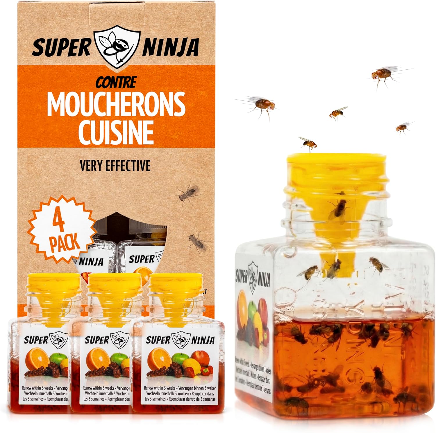 Super Ninja Pièges Anti Moucherons d'Intérieur Cuisine, Lot de 4