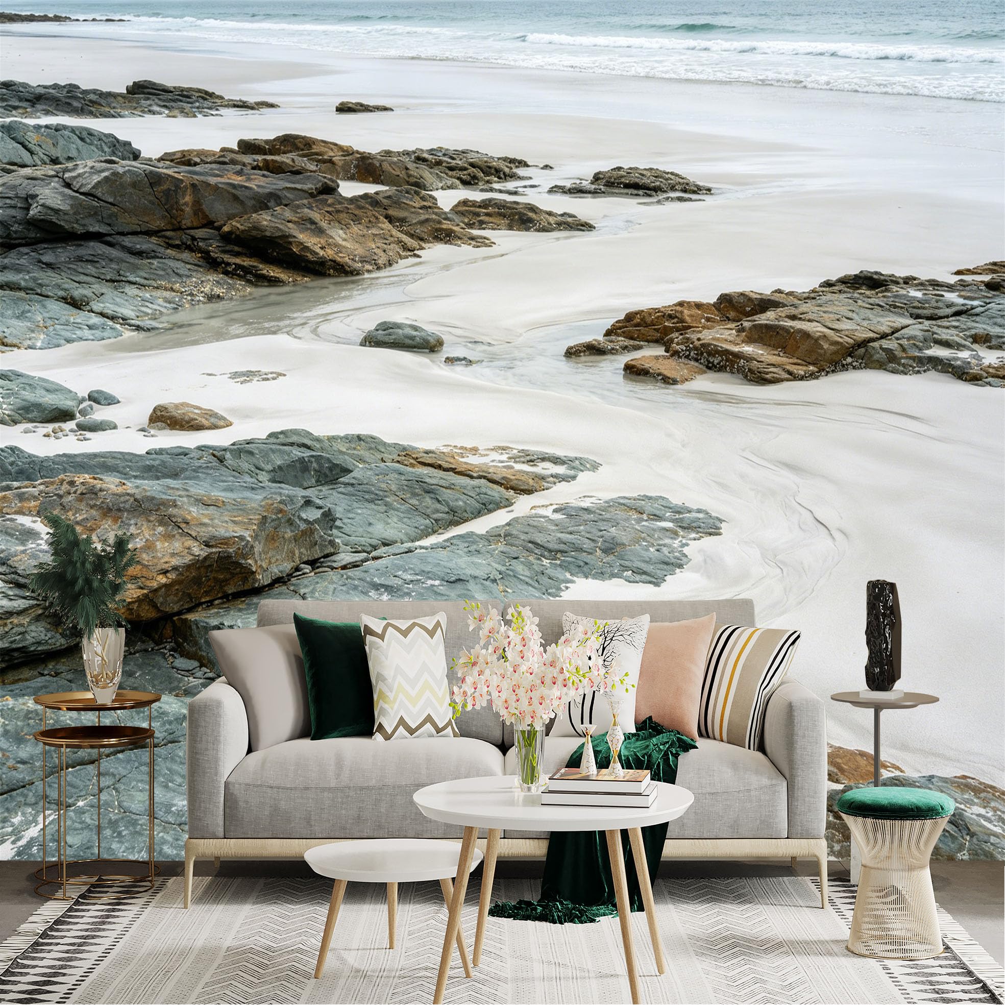 Lnzczhyre Dbh260521271 Custom Size Wall Sticker Mural， Serene Coastal Beach Landscape， Sandy Shore With Weathered Rocks， Oceanic Tide Scenery， For Wall Decoration， Peelandstick Wall Decals.