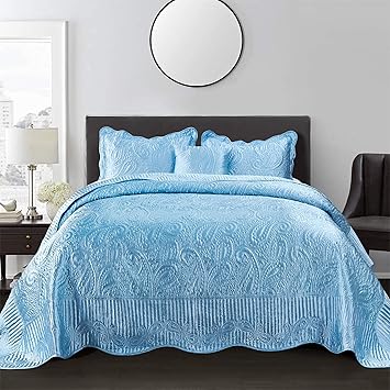 Home Soft Things Quilted Satin 4 Piece Bedspread Set, Paisley Design Bed Cover, Soft Lightweight Bedding Set for All Season, Embroidered Coverlet, Oversized Queen, Aqua110" x 120"