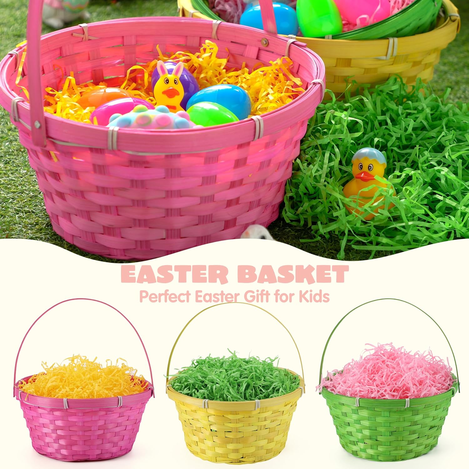 JOYIN 3 PCS Easter Bamboo Baskets with Handle and 3 Colors Grass Paper Shreds, Empty Gift Basket for Easter Egg Hunt, Kids Party Supplies, Filling with Candy & Party Favors (Yellow, Pink, Green)