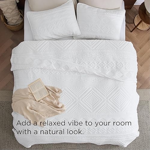 Miniatura 4 de Bedsure Colcha bohemia tamaño Queen colcha ligera tamaño Queen con patrón geométrico de costura, juego de ropa de cama suave blanco con 2 fundas de