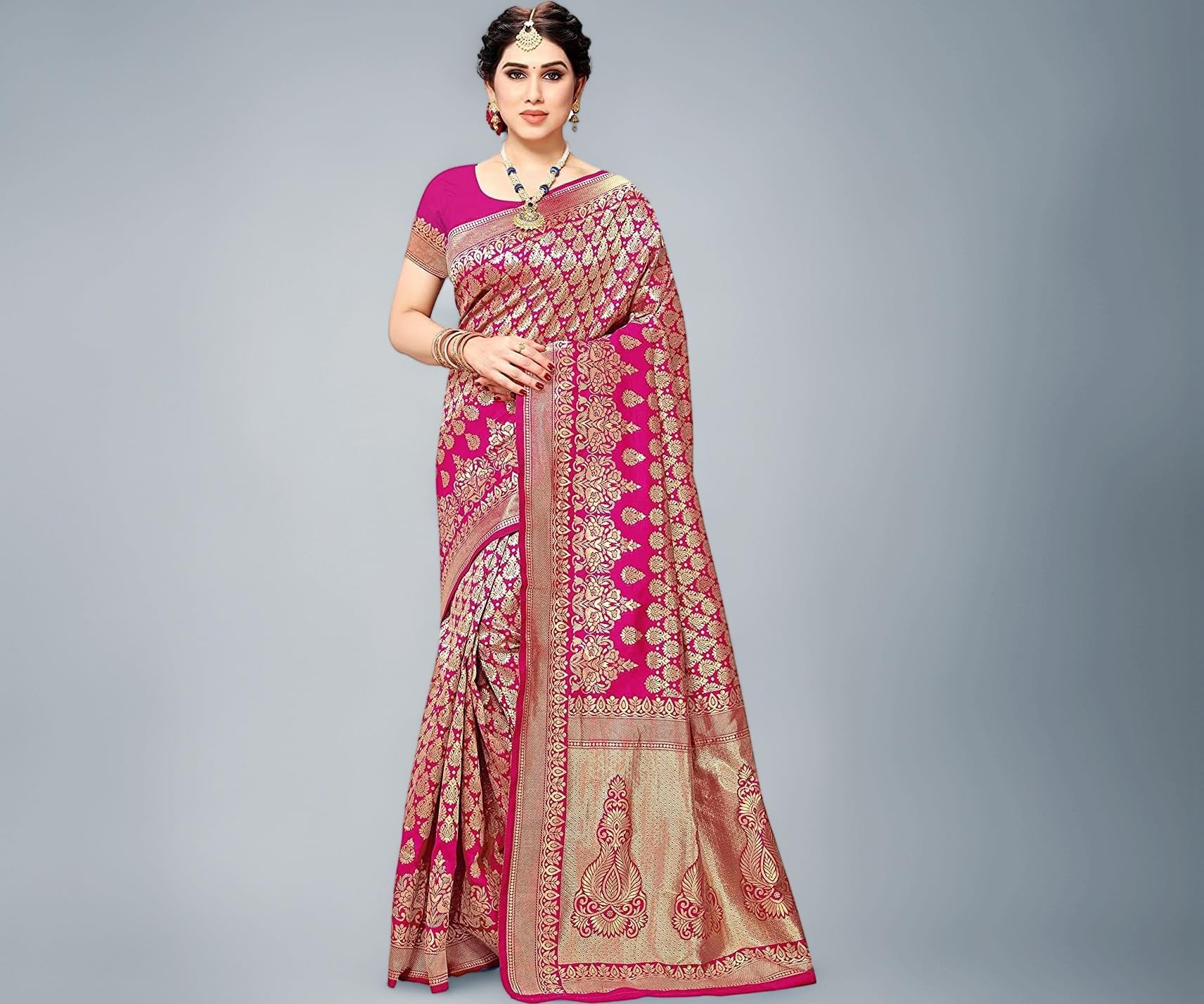 Women's Trendy Banarasi Kanjivaram Navy Color Art Silk Saree with Blouse Material