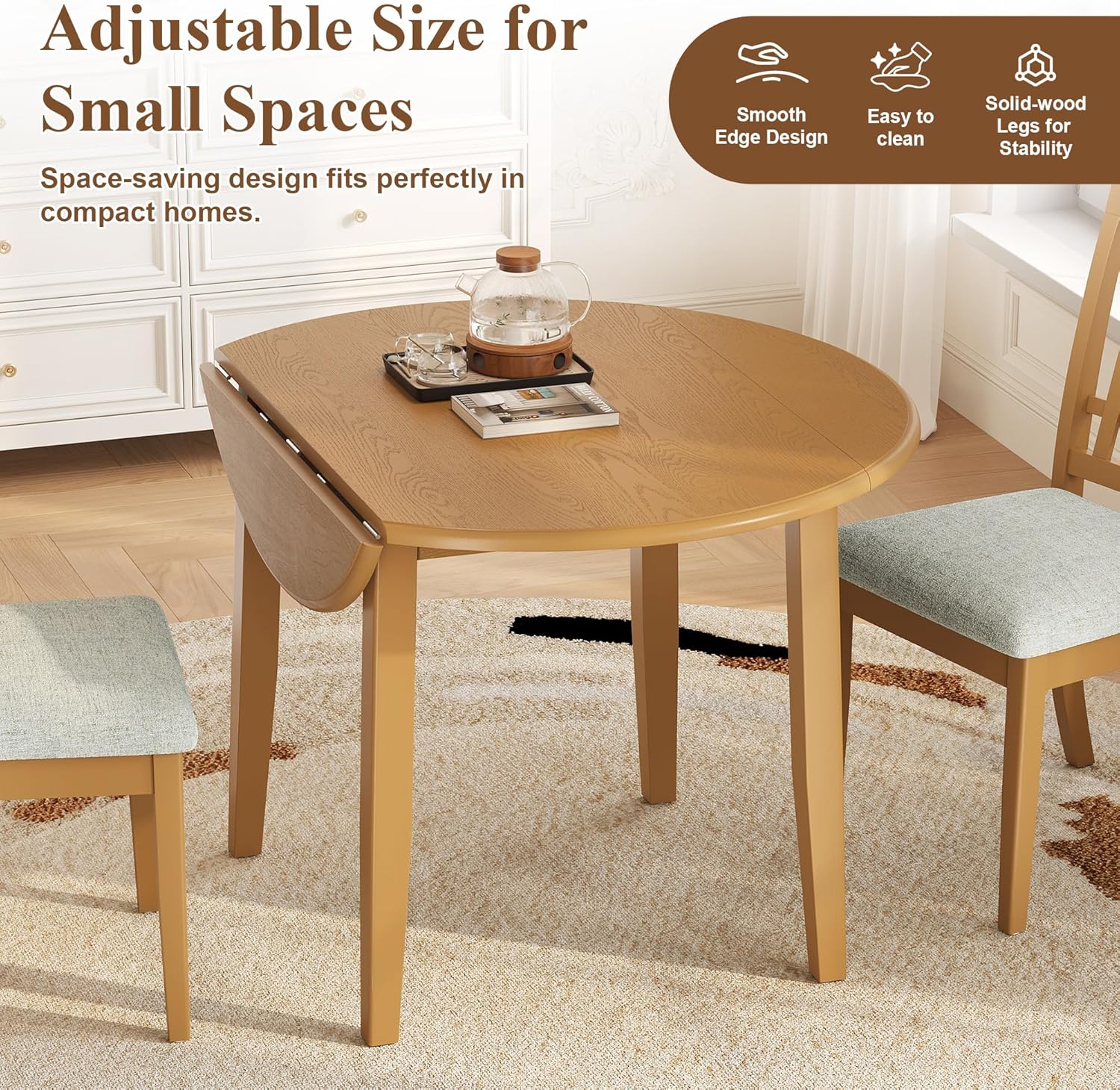 3-Piece Round Dining Table Set for 2 People, 1 Folding Wood Dining Table + 2 Upholstered Chairs, Space-Saving Design for Small Apartments and Dining Areas -Light Brown