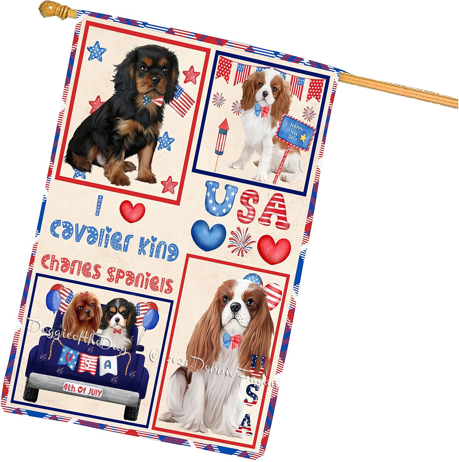 4th of July Independence Day I Love USA Cavalier King Charles Spaniel Dogs House Flag - Outdoor Double Sided Pet Weather Resistant Premium Quality Home Decorative Flags - 100% Polyester 29"w x 43"h