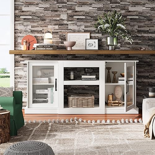 Miniatura 8 de WLIVE Soporte de TV de granja para TV de 65 pulgadas, centro de entretenimiento de 58 pulgadas con armarios de almacenamiento, estantes abiertos