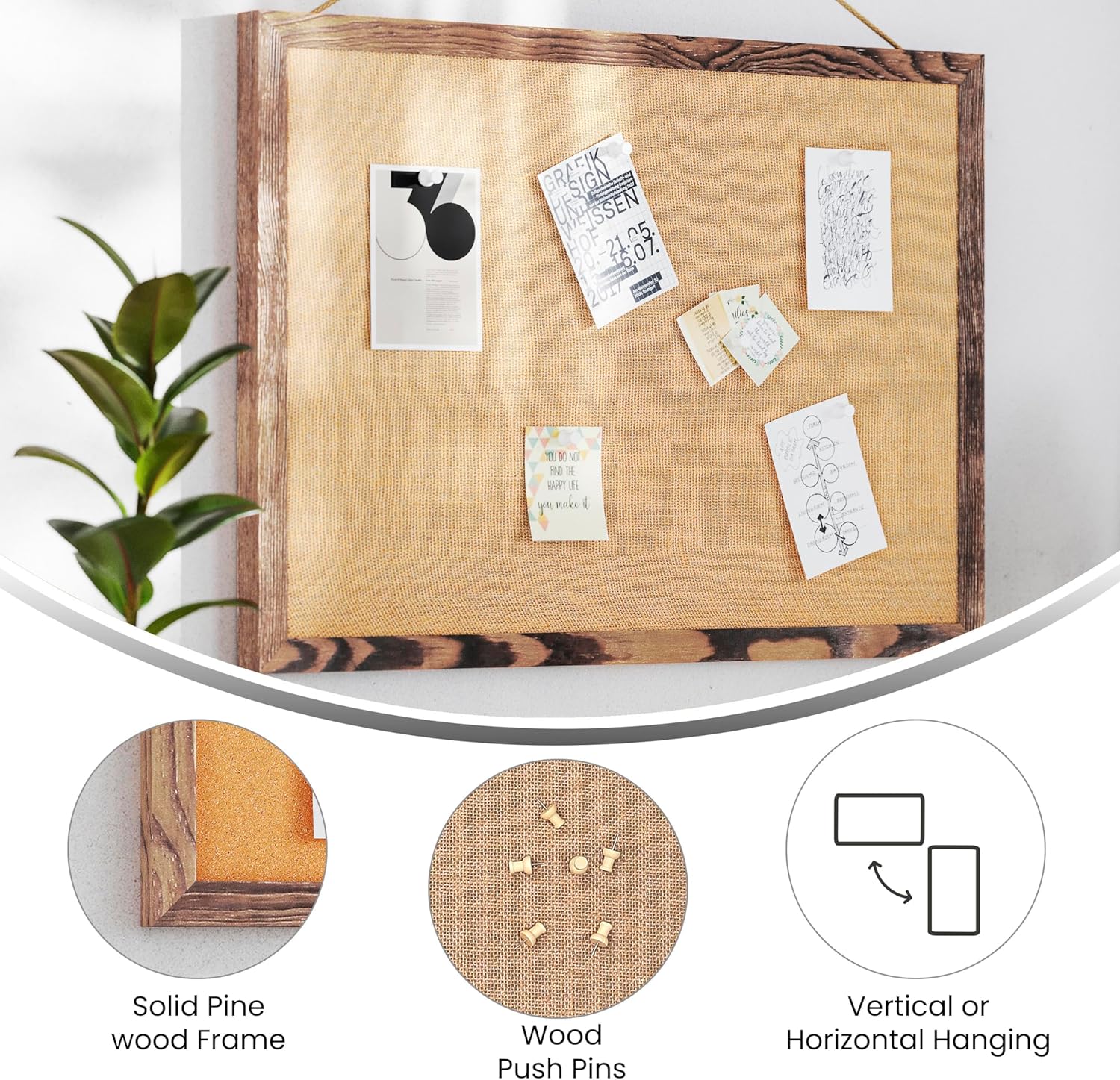 Flash Furniture Rustic Wall Mount Linen Board, for Home, Office, School, Comes with Wood Push Pins, 18" x 24", Torched Brown