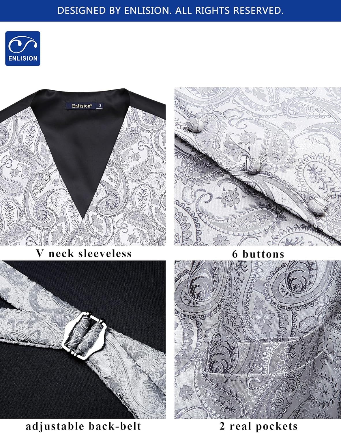 Enlision Mens Suit Vest Set 3PCS Paisley Tuxedo Vest & Tie Pocket Square for Wedding Prom Party Formal Business
