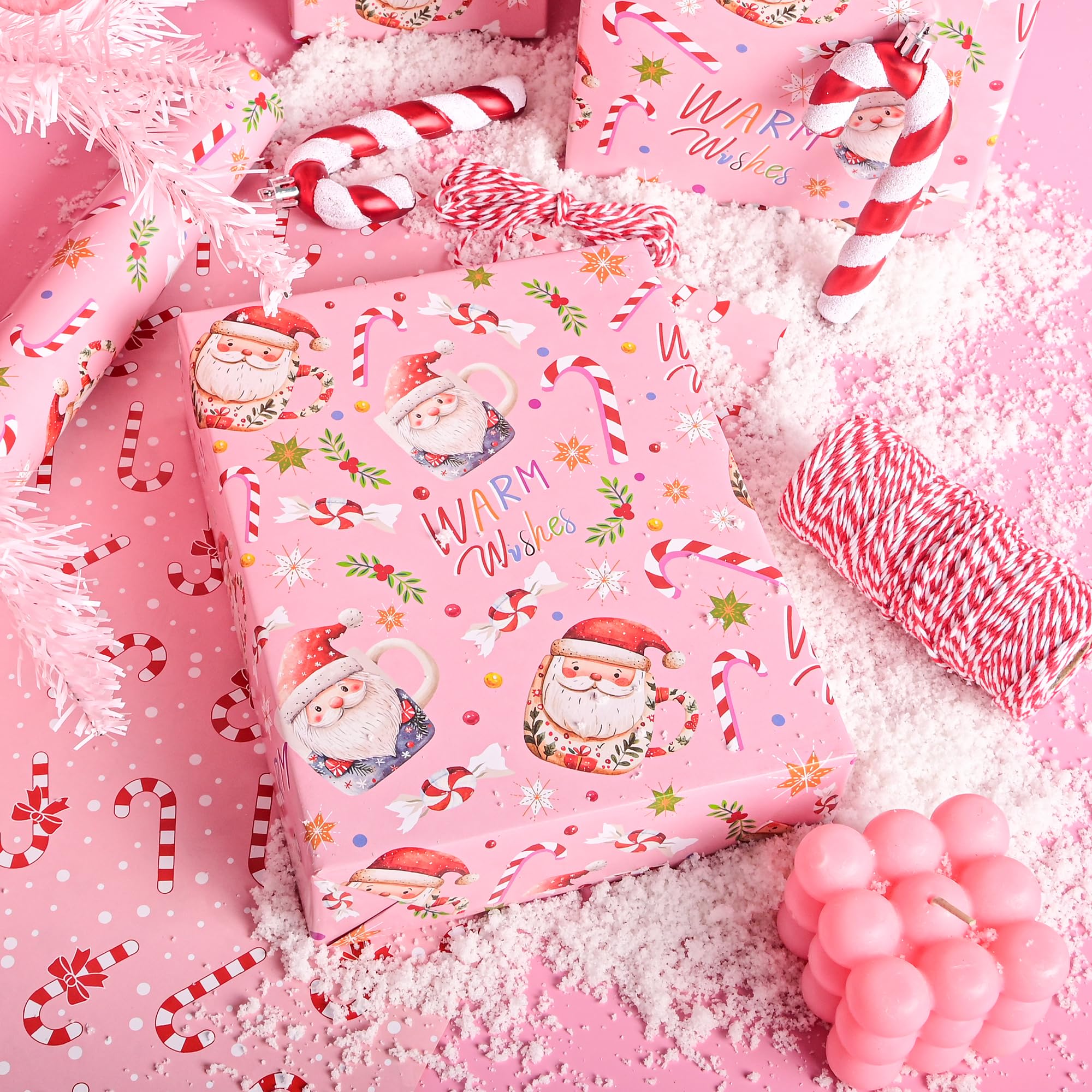 Vnaaem Rouleau de papier cadeau de Noël rose – Tasse de Père Noël et canne à sucre d'orge avec nœud – Papier cadeau pour fêtes de fin d'année, fêtes d'hiver – 43,2 cm x 6,1 m (total 2,5 m²)