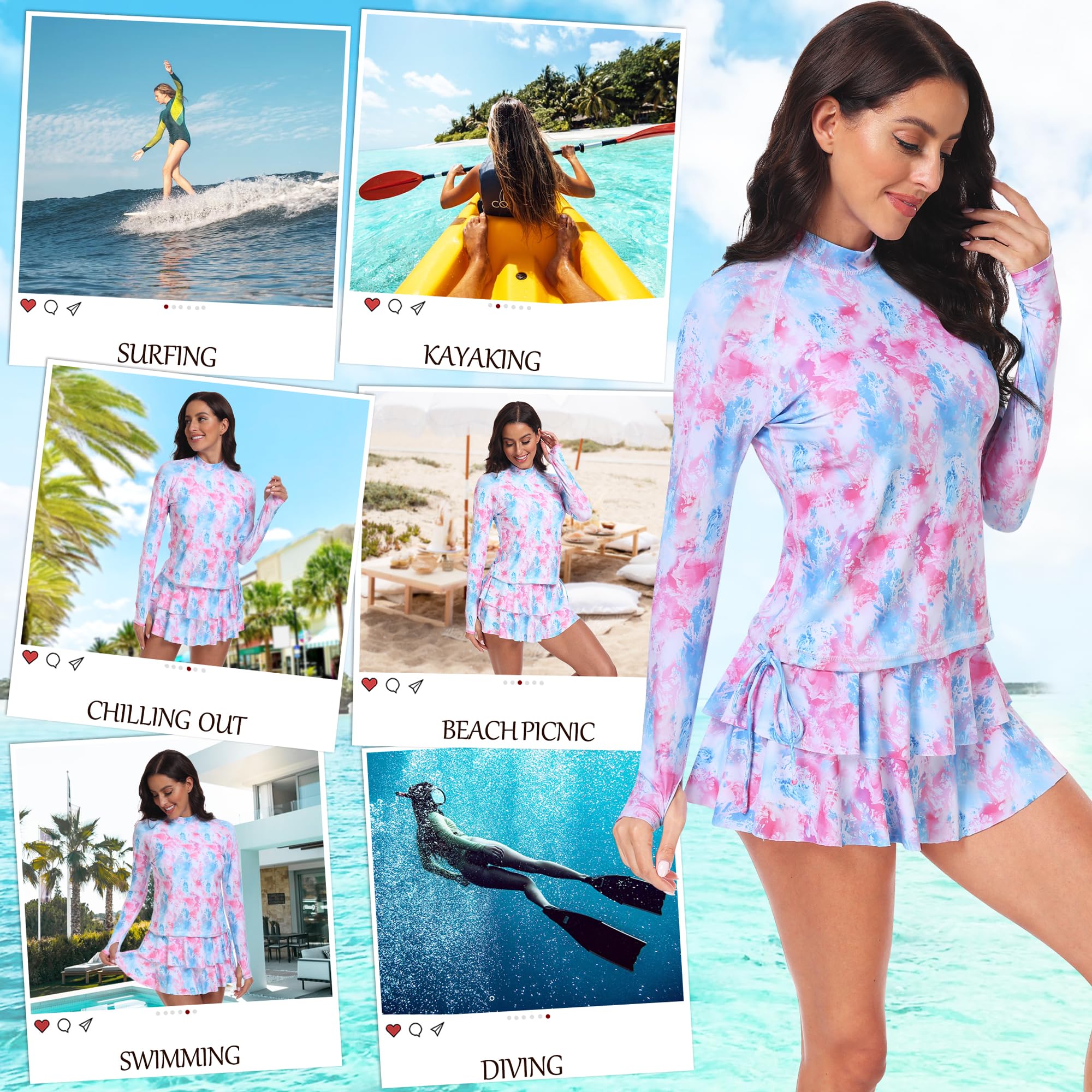 UNIQUEBELLA Camiseta de Surf para Mujer, UPF 50+, protección UV, Camiseta de natación para Mujer, Traje de baño Rash Guard de Manga Larga, Tankini