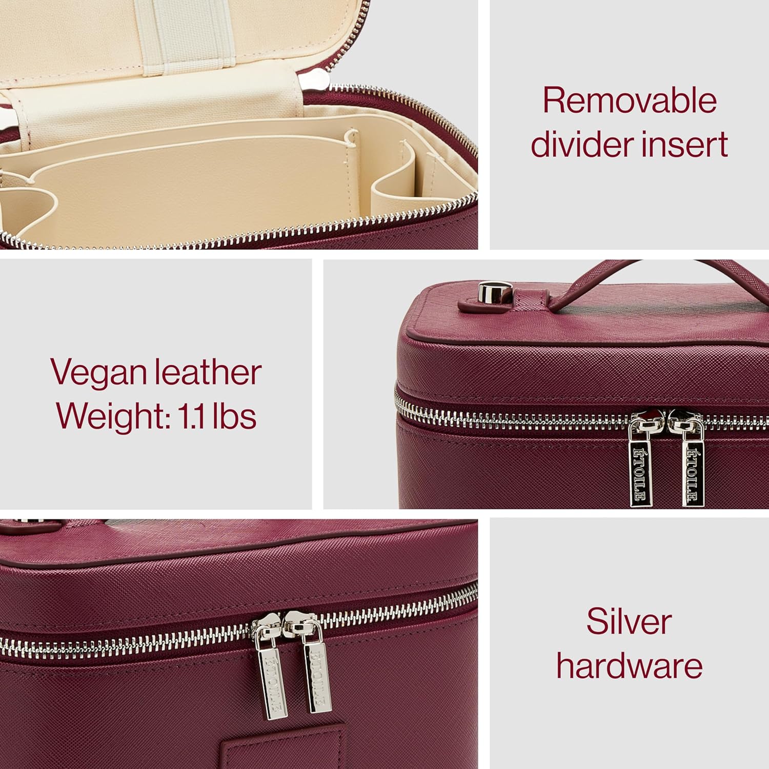 ETOILE - Mini Vanity Case Burgundy - Stylish Travel Makeup Bag Organizer With Removable Dividers