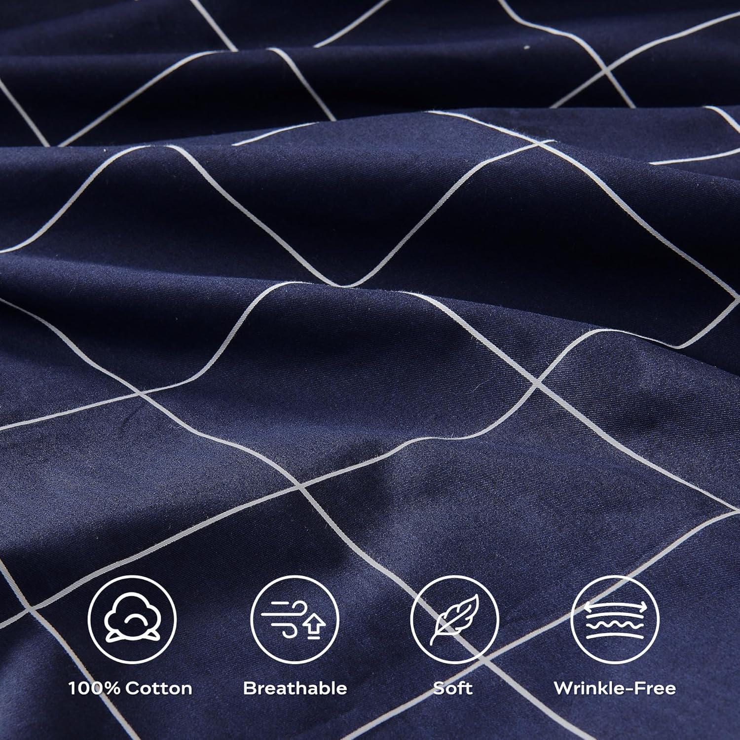 JELLYMONI 100% Natural Cotton 3pcs Plaid Duvet Cover Sets, Checkered Queen Comforter Cover, 1 Duvet Cover and 2 Pillow Cases with Zipper Closure & Corner Ties, Dark Blue