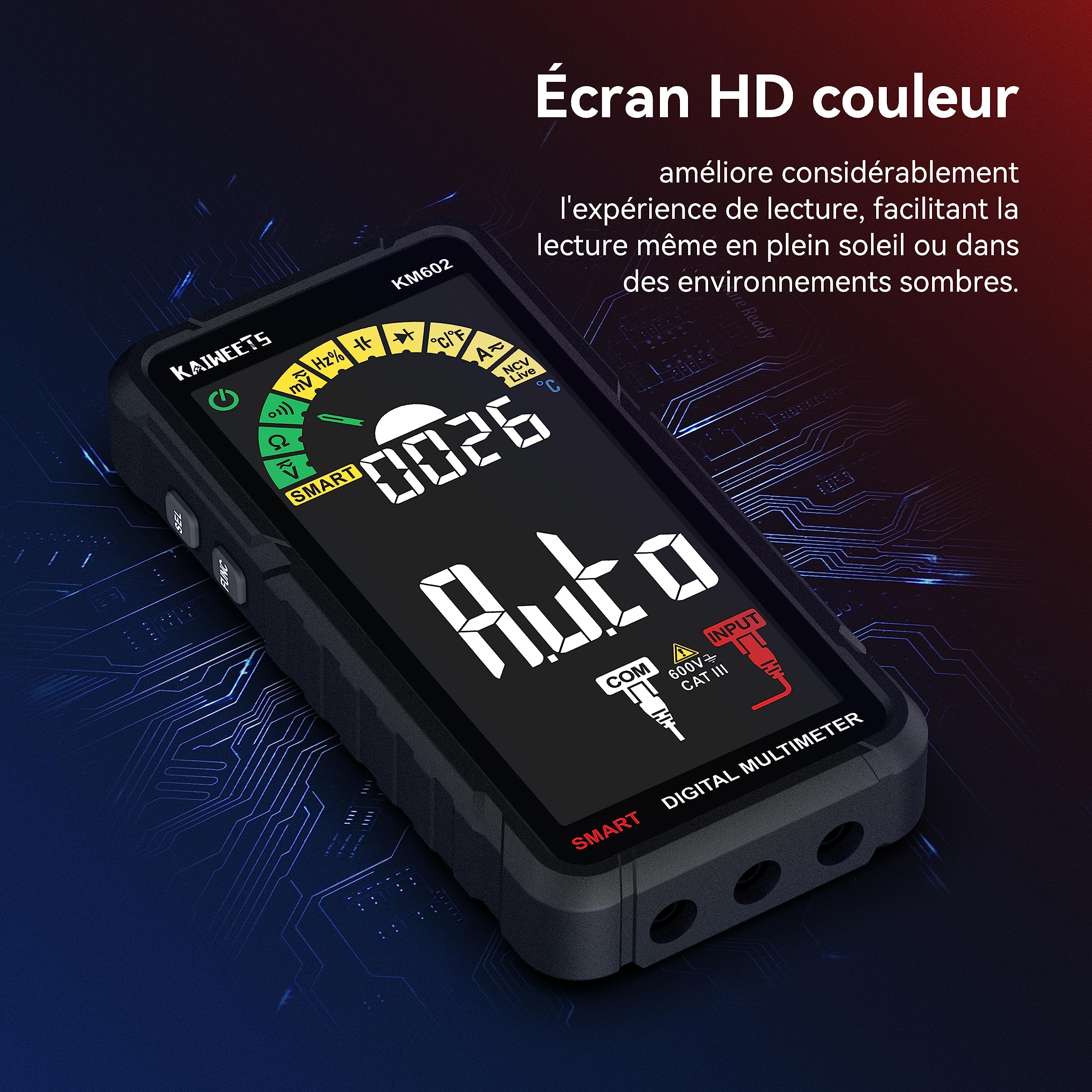 KAIWEETS Multimètre Automatique Rechargeable 6000 Comptes, Multimètre Numérique Professionnel, Testeur Electrique, Mesure de Courant Tension Résistance Continuité Capacité Diode Fréquence