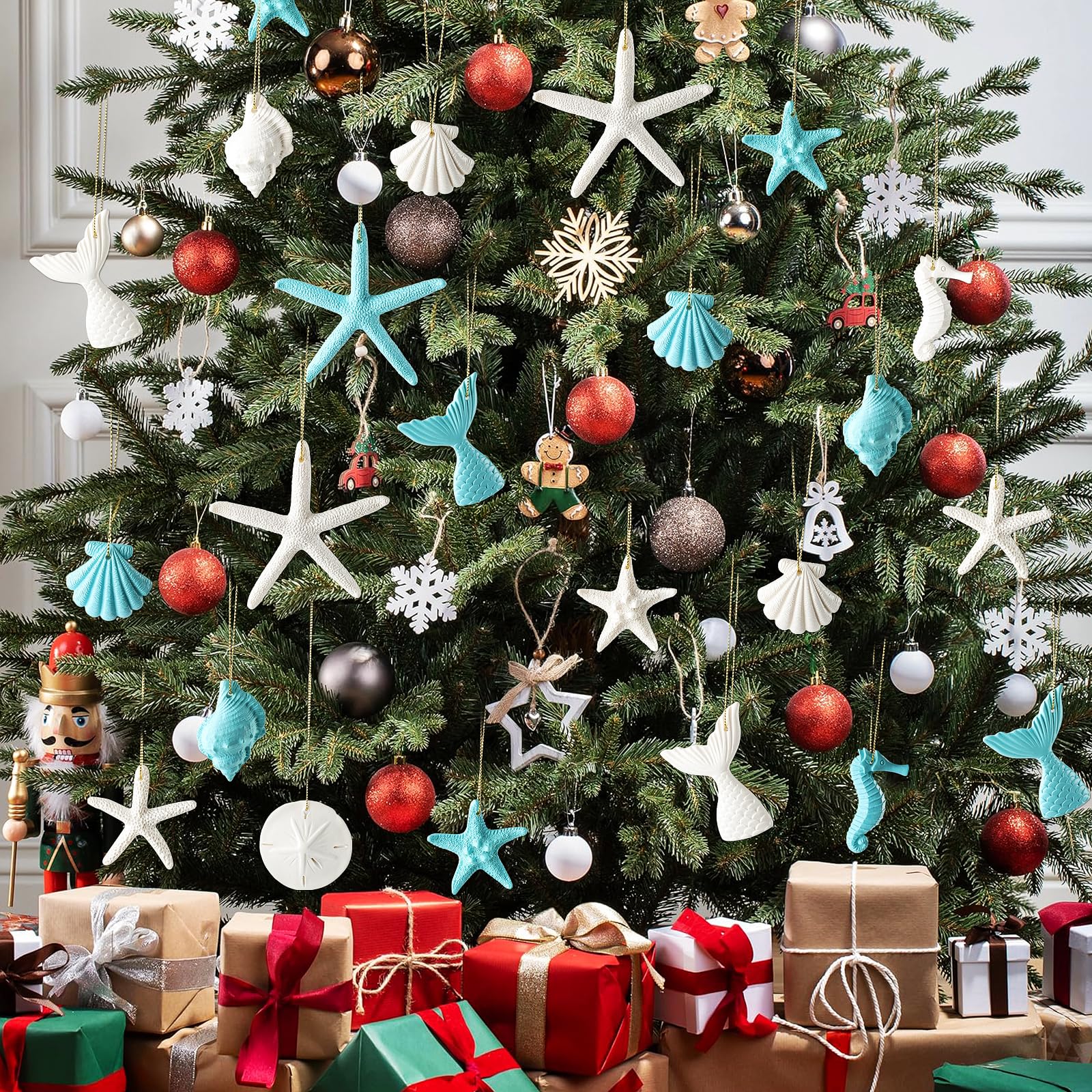 Fangoo 32Pièces Plage thème Ornements résine pour Arbre de Noël Coquillages étoiles de mer Cheval de mer canapé sirène Queue Forme accrochée pour fête d'été Anniversaire Salle de Bains décorations