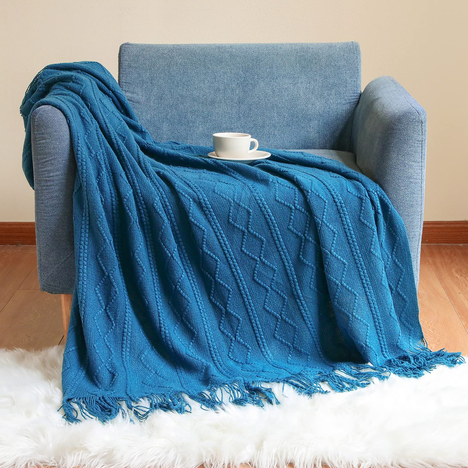 Boho Woondeken Galatée - Katoen, 130x230 Cm, Blauw Patroon, Voor Bank Of Bed Gekleurde Sprei