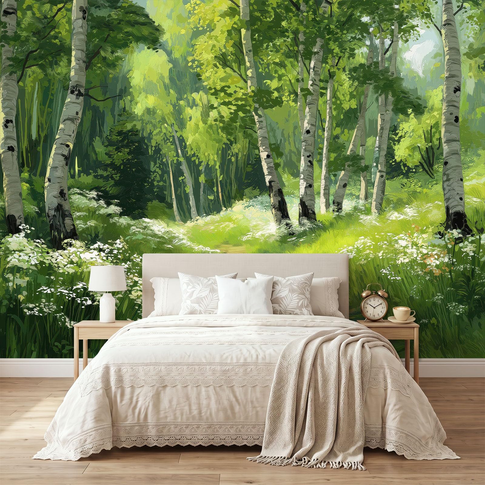 Tapeta mural do salonu 350 x 256 cm natura las rośliny brzozowe plakat fototapeta fototapeta flizelina, nowoczesna sypialnia pokój dziecięcy TV tło dekoracja ścienna, zielona