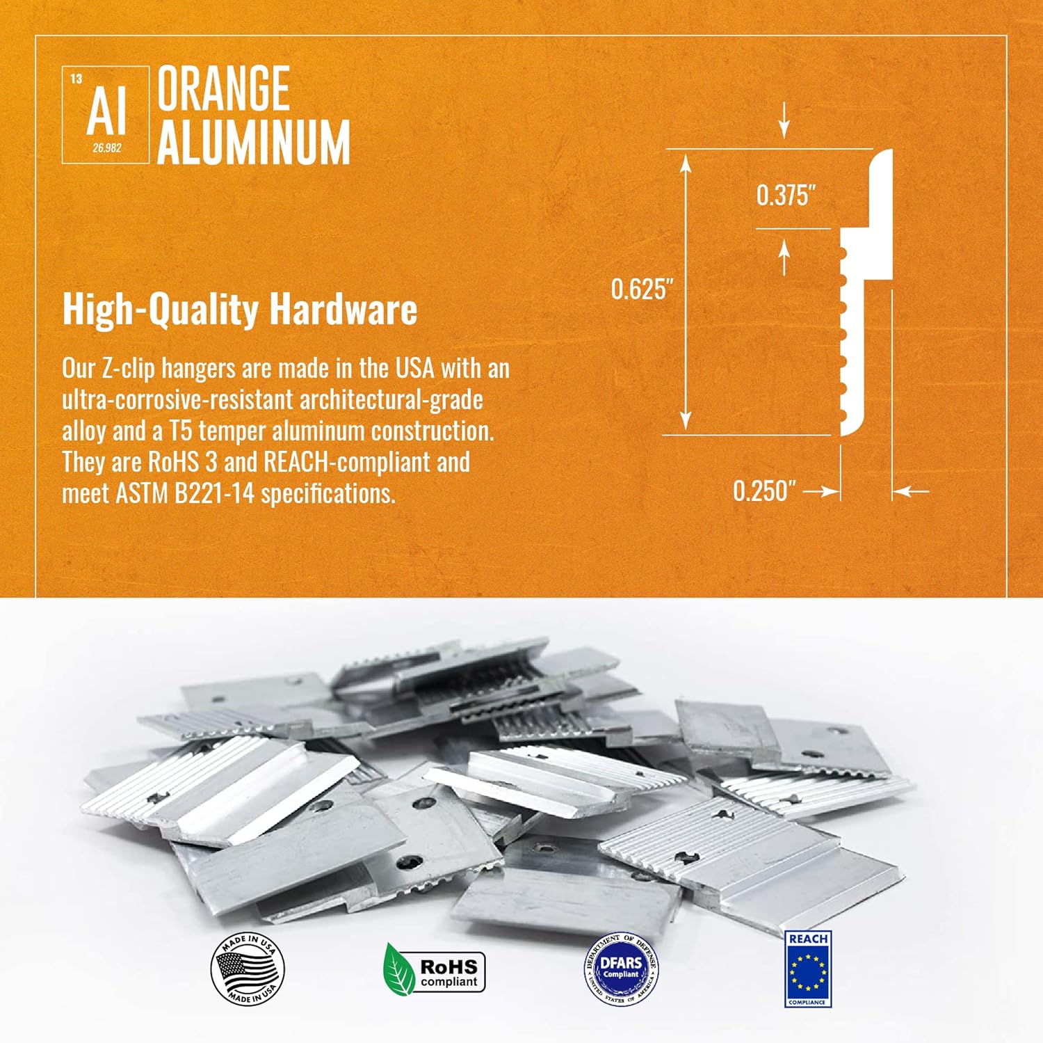 French Cleat 375 Panel Clips Mill Finish 2" Heavy-Duty French Cleat for Hanging, Speaker Mounts, and Wall Hardware by Orange Aluminum - Made in USA, 500 Pack