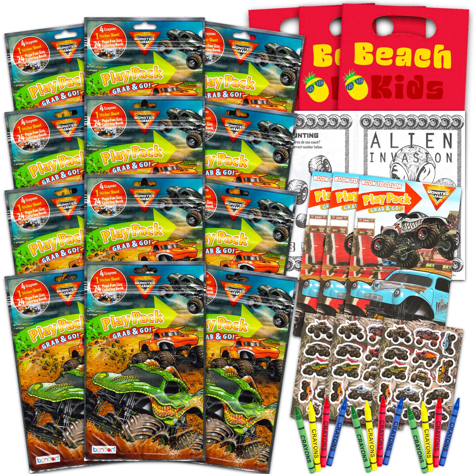 Party Favors Set - Bundle with 12 Monster Jam Monster Truck Play Packs with Coloring Pages, Stickers, Loot Bags, and More (Birthday Party Supplies)