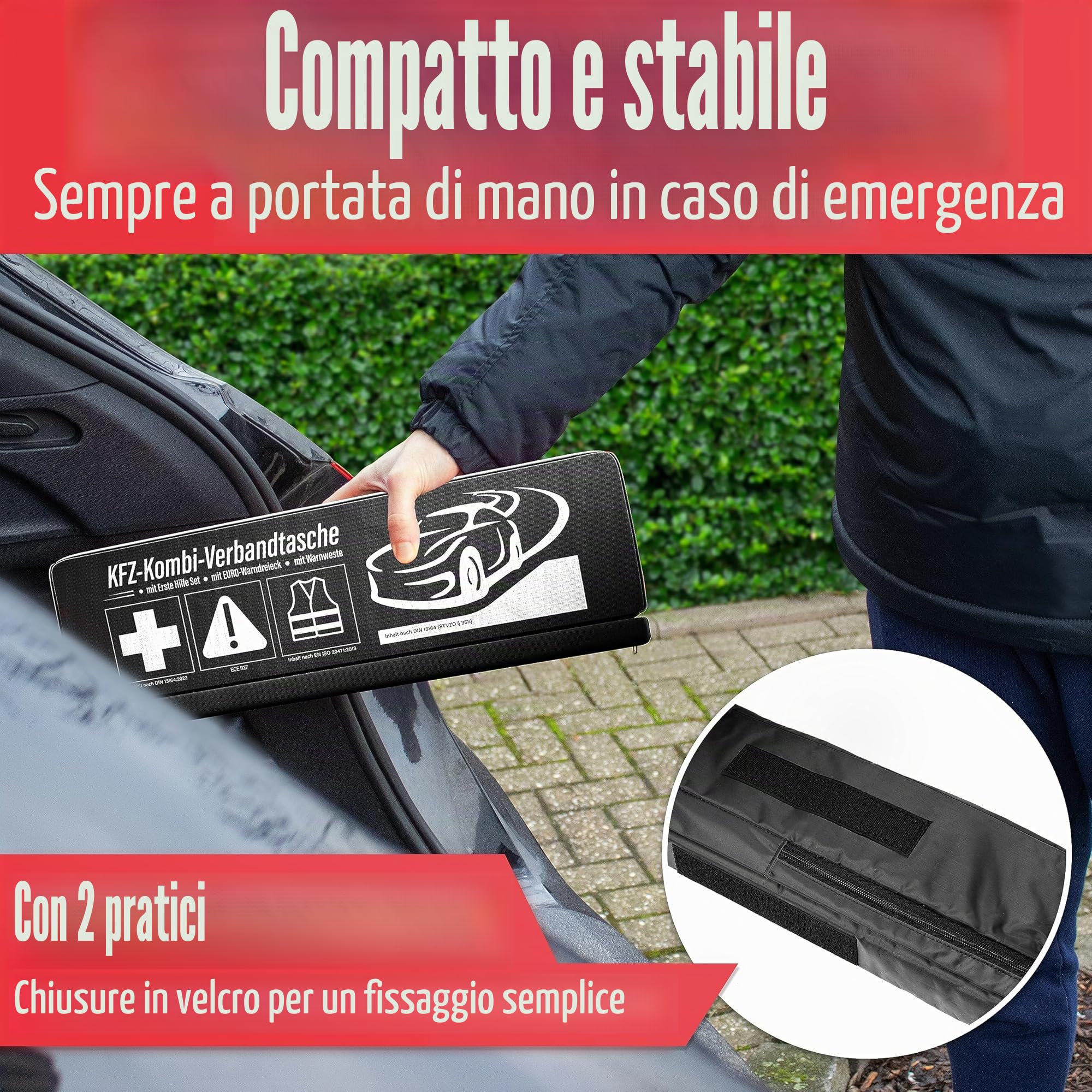 HELDENWERK Set di pronto soccorso 3 in 1 auto 2026 utilizzabile e testato in tutta Europa (conforme alle norme vigenti), borsa combinata per auto con giubbotto di avvertimento, triangolo di