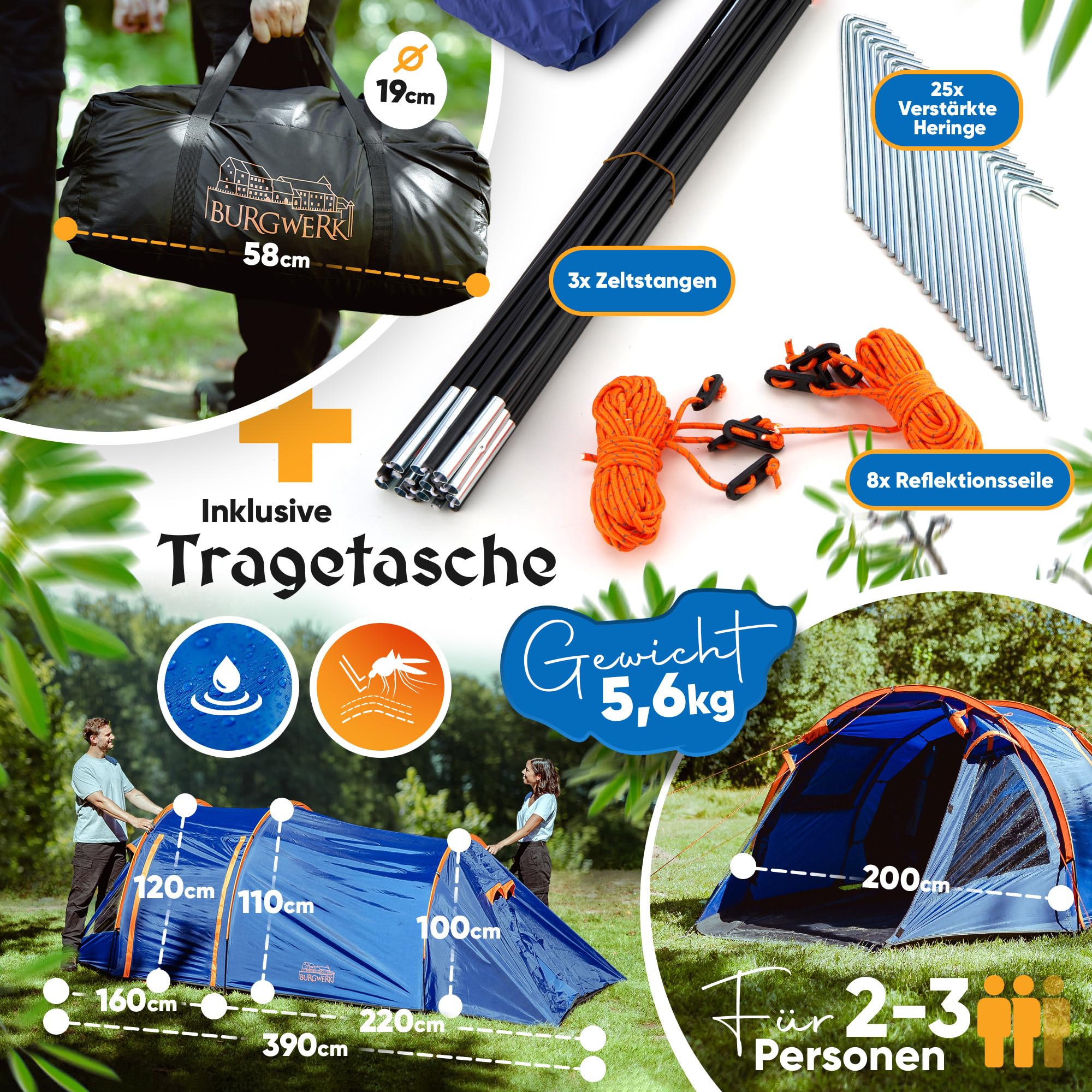 Burgwerk Extra Starkes Tunnelzelt 2 Personen | Großes Vorzelt, dunkle Nachtblaue Schlafkabine, 4000 mm Wassersäule | Vollkommen Wasserdicht und UV-Schutz 50+ für Jede Wetterlage | Outdoor Camping