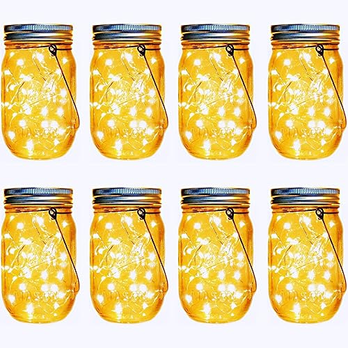 Miniatura 1 de Mason Jar Decor Luces solares colgantes, paquete de 8 30 luces LED de luciérnaga de hadas, 8 perchas y tarros incluidos, ideal para exteriores,