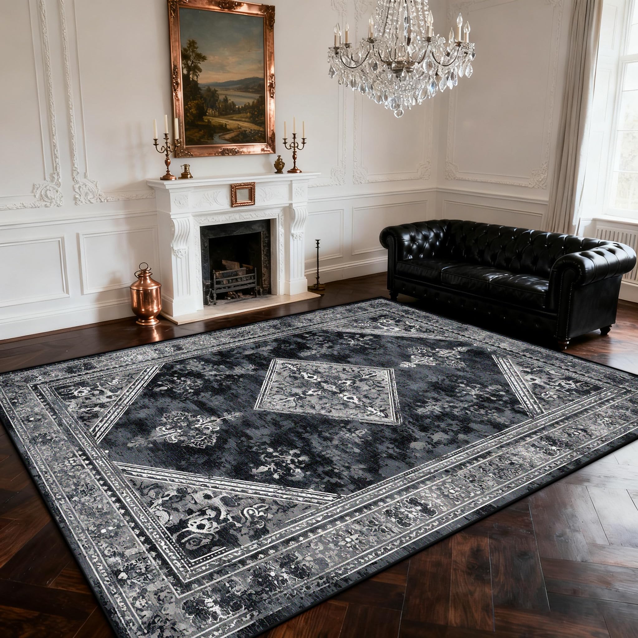 Tapis lavable noir rétro grand confort pour chevet de chambre et coin cheminée