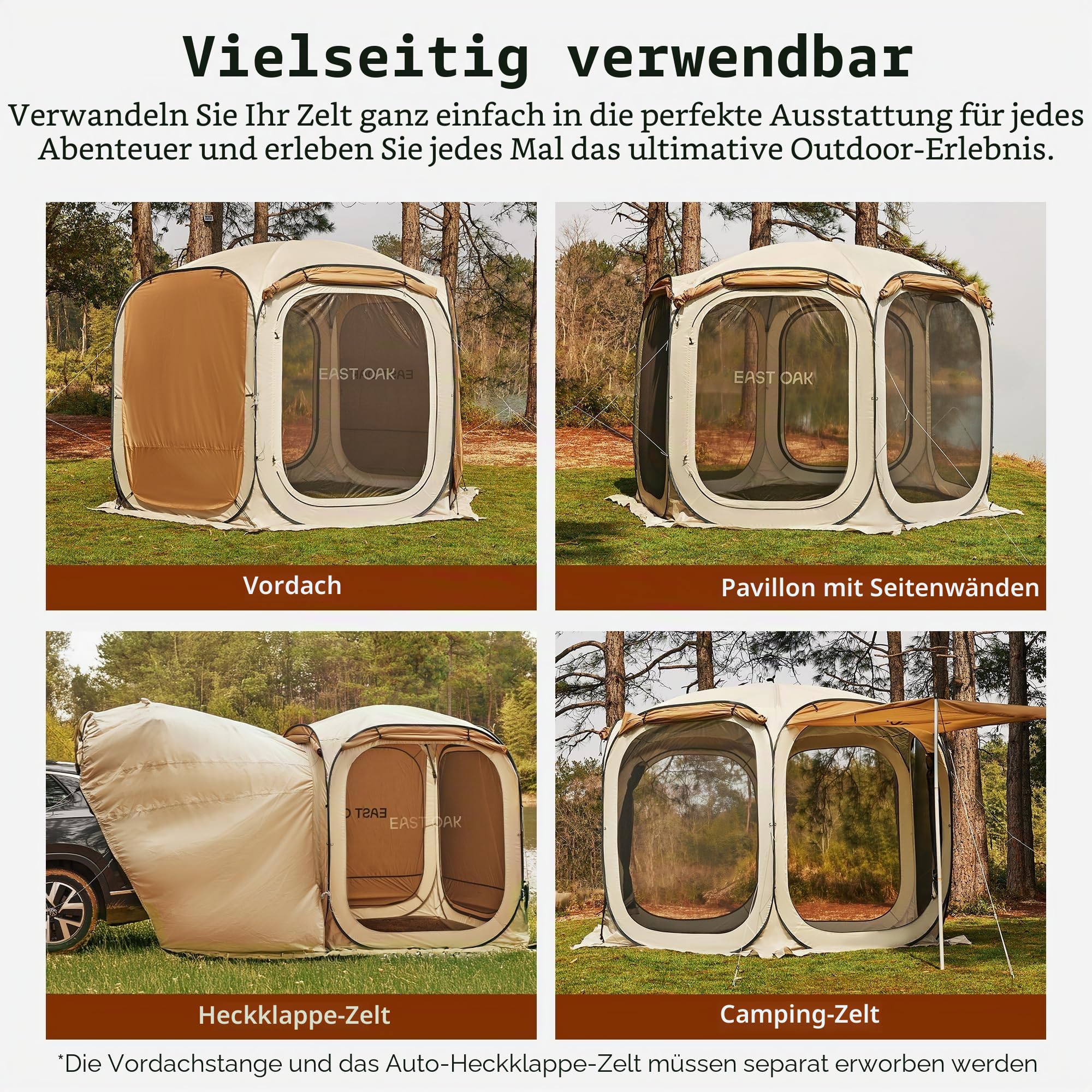East Oak Pop-Up-Zelt mit Netz, 3,6 x 3,6 m, Outdoor-Sichtschutzhaus mit 4 Sonnenschirmen, sofortiger Überdachung mit tragbarer Tragetasche, Pavillon-Zelt für Camping, Terrasse und Strand, Beige