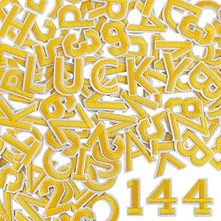 144Pcs Iron on Letters and Numbers Patches, Letter Patches Alphabet Embroidered Patch A-Z, Numbers 0-9 Applique for Clothes, Hat, Socks, Jeans, Jerseys, DIY Accessories - Yellow