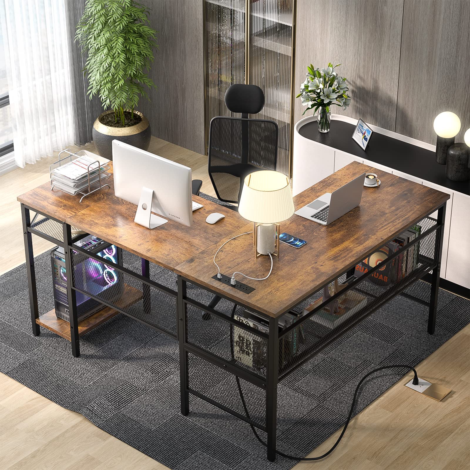 Unikito L Shaped Desk with Magic Power Outlets and Smart Strip Light, Reversible 55 Inch Corner Computer Desk with Monitor Stand, Unique Grid Design, Office Table with Storage Shelves, Rustic Brown