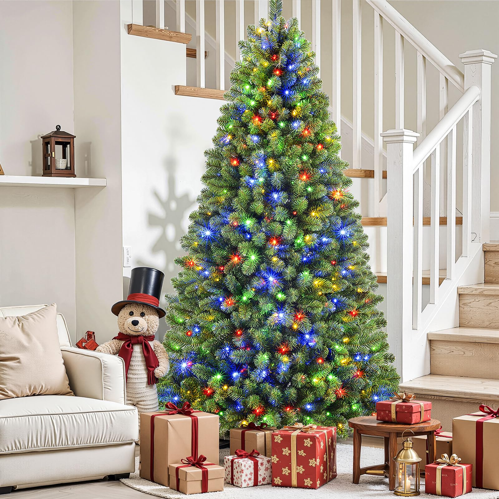 SHareconn 210 cm Arbol de Navidad Artificial con Luces Led, con 1062 PVC Puntas de Rama, con 400 Luces Blancas Cálidas & Multicolores y 12 Modos de luz, Soporte de Metal Plegable, Montaje Rápido