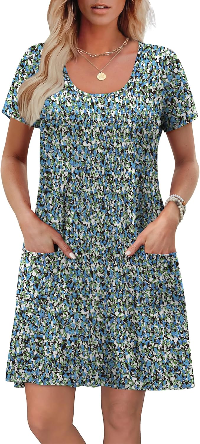 OFEEFAN Summer Dresses for Women 2026 Loose U Neck Short Sleeve Casual Beach Vacation Tshirt Dress Sundresses with Pockets - Image 2