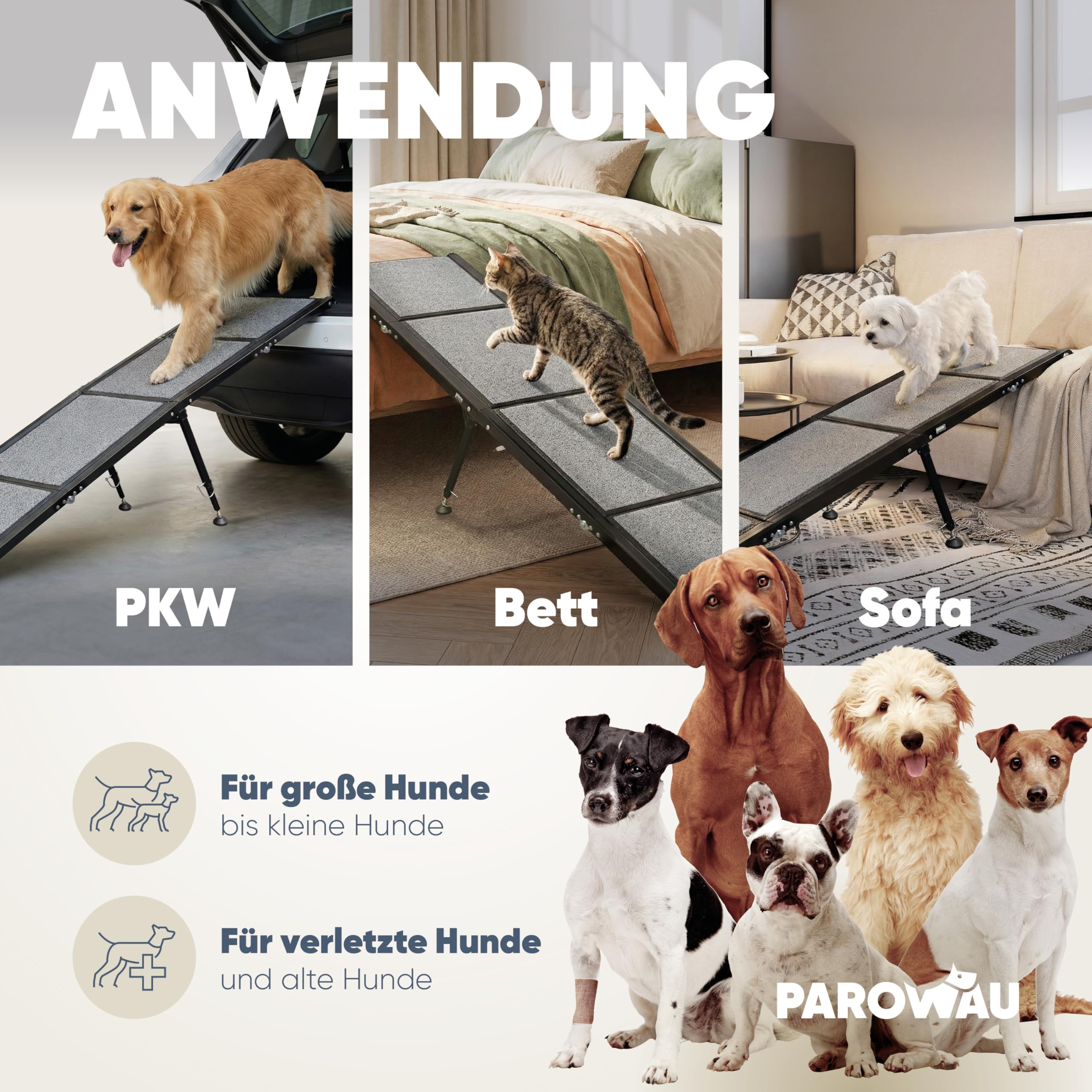 Rampa per cani per auto, pieghevole, 120 kg, extra stabile, con base aggiuntiva, 170 x 44 cm, per auto e SUV