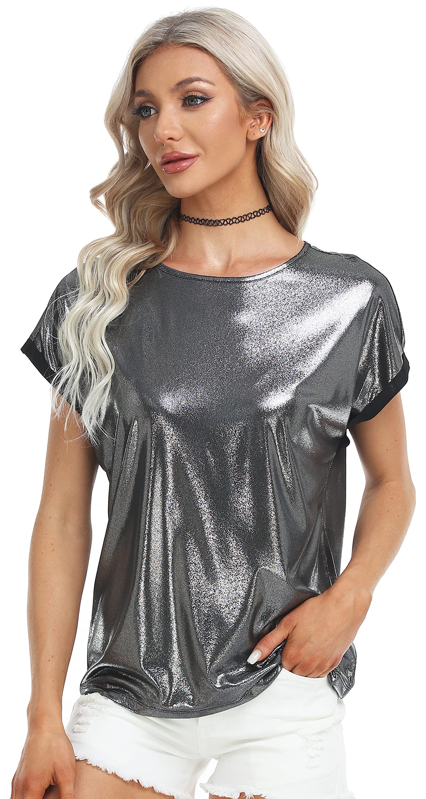 MISS MOLYWomen's Metallic Tops Short Sleeve Crewneck Holographic Shiny Tees Glitter Sparkle Shirt for Party Club Concert