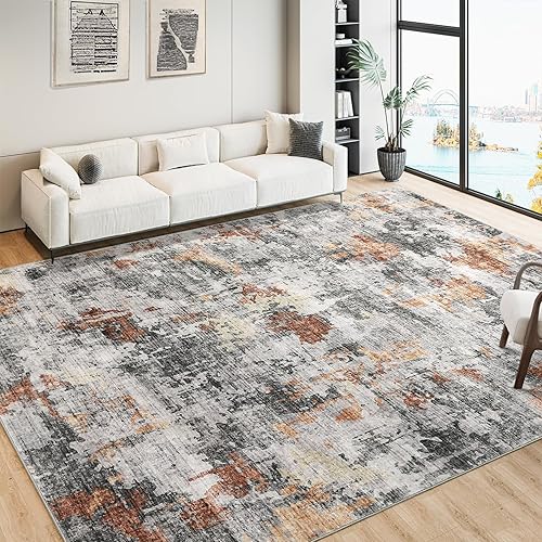 CAROMIO 8x10 Area Rug for Living Room, Soft Abstract Washable Rug with Non-Slip Backing, Ultra-Thin Foldable Large Area Rug for Bedroom Dining Room (Grey/Rust, 8'x10')