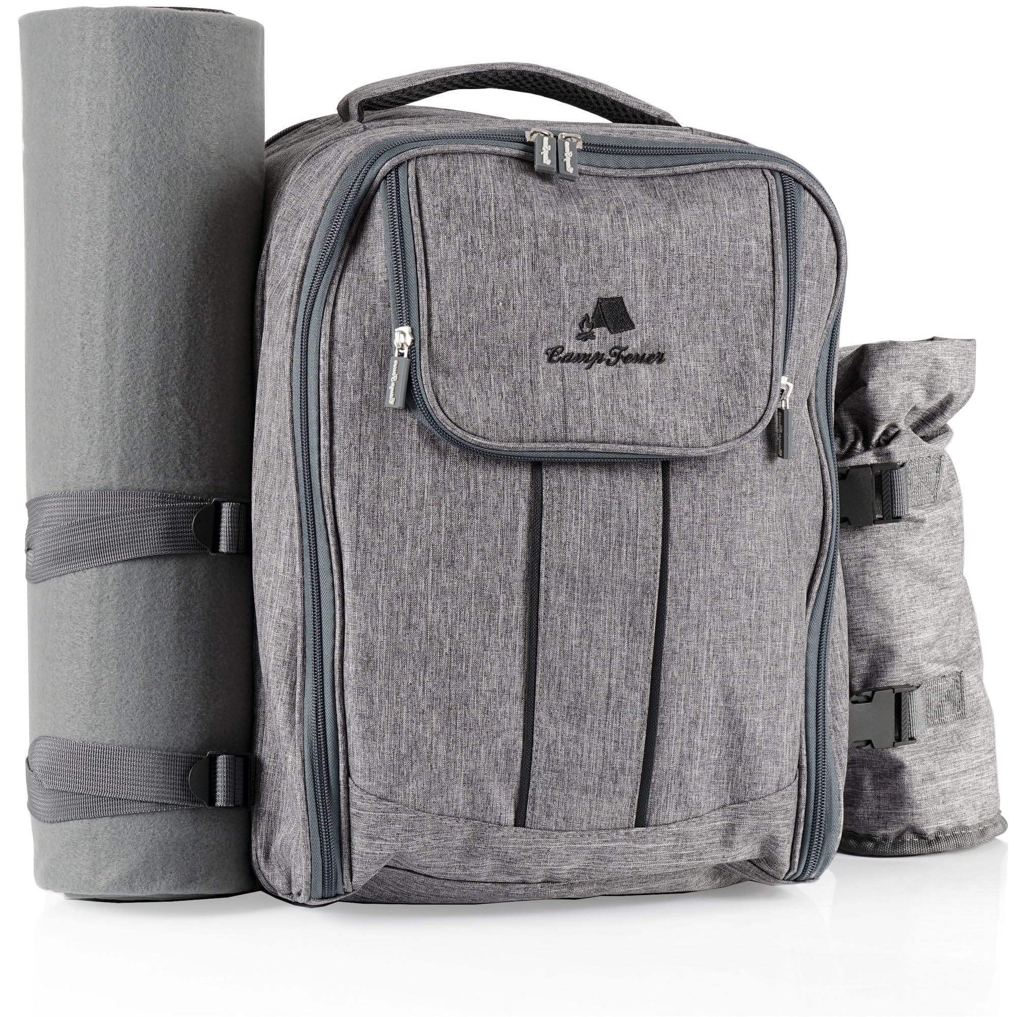 CampFeuer Picknickrucksack für 4 Personen | Grau | Picknickset 32-teilig | inkl. Flaschenhalter und Fleece Decke, großem Kühlfach, Geschirr und Besteck | Wanderrucksack, Campingrucksack
