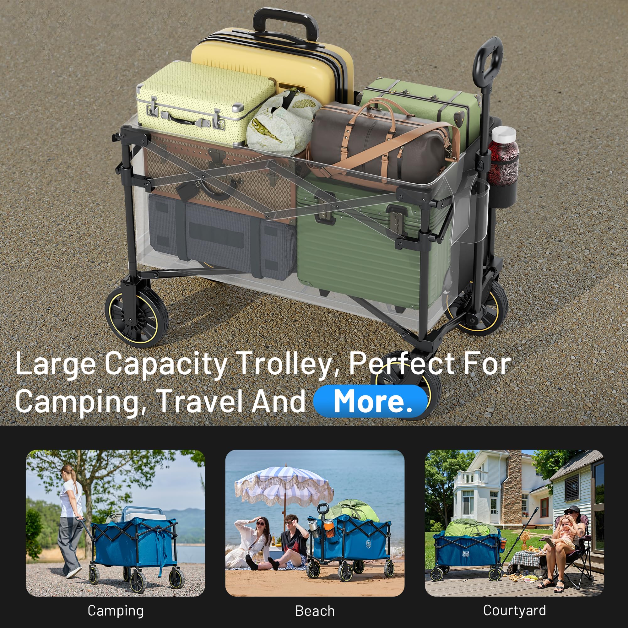 TIMBER RIDGE Carrello Pieghevole Spiaggia 200L con Portabevande Manico Regolabile, Carrello da Giardino per Tutti i Terreni Esterni Campeggio Portata 150kg