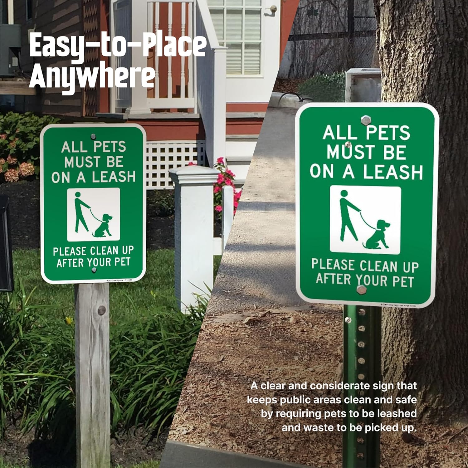 SmartSign All Pets Must Be On Leash Sign - 2 Pack, Please Clean Up After Your Pet Sign, 18 x 12 inch, 2mm Thick Aluminum Composite, Green and White, Made in USA