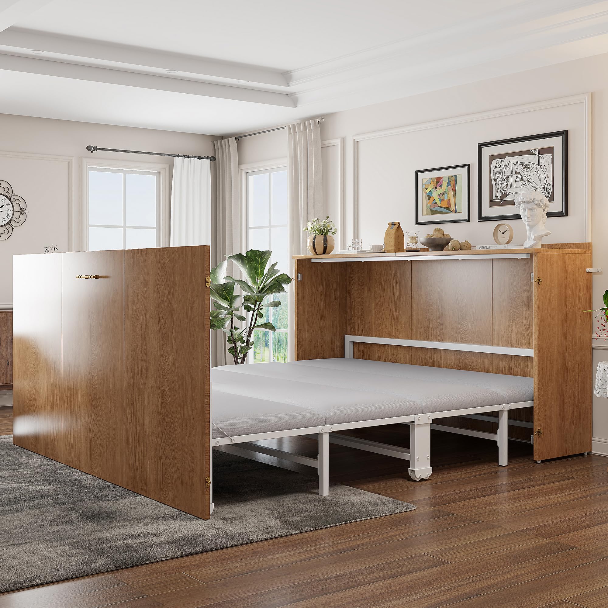 Schrankbett 140x200, Klappbares Doppelbett mit Matratze und Lattenrost, Wandbett Klappbett mit Schrank, Vertikal Schrankbett Gästebett Wandklappbett Murphy Bed Bettschrank mit Leisen Rollen,Holzfarbe