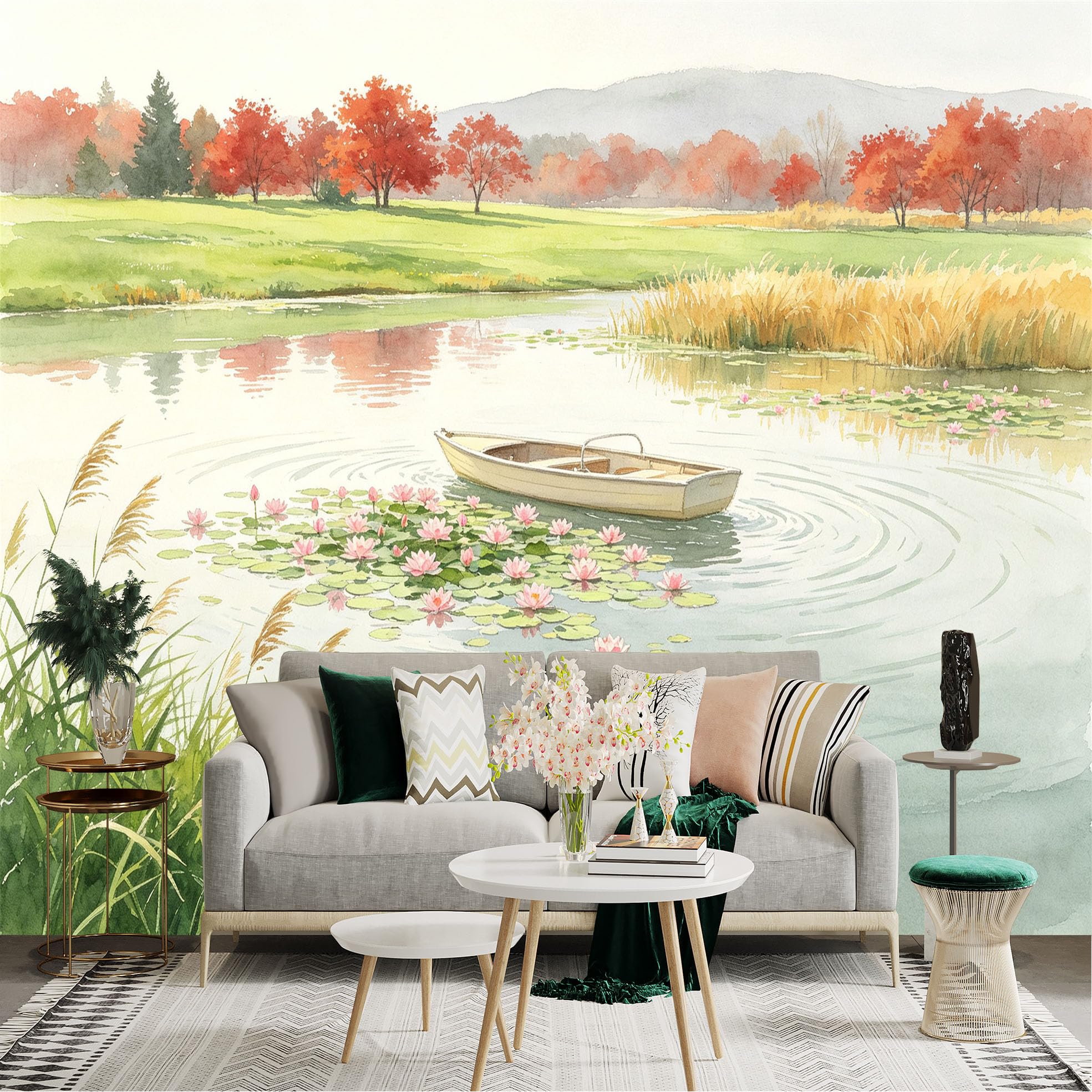 Custom Size Wall Sticker Mural， Watercolor Lake Scene with Boat and Lotus Flowers， Autumn Foliage， Peaceful Countryside Landscape， for wall Decoration， peelandstick wall Decals.