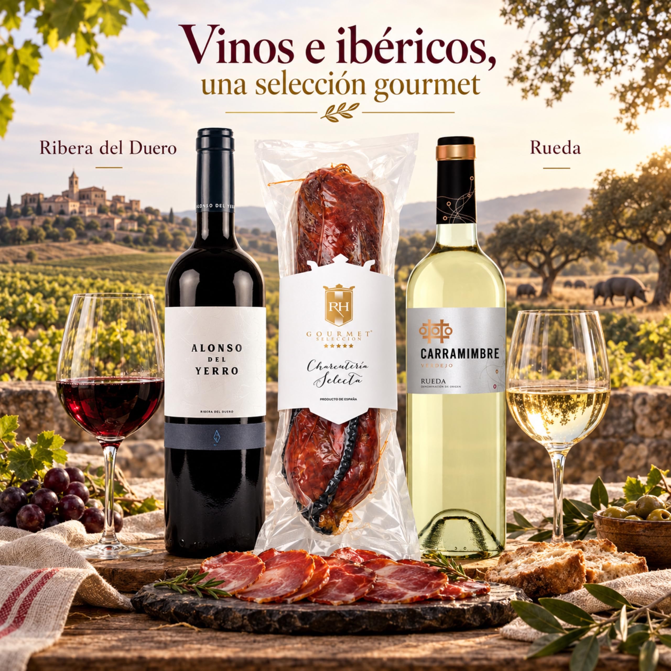 Cesta gourmet Navidad Alonso del Yerro y Carramimbre Verdejo con lomito ibérico de bellota 100% 450 g RH Gourmet, pack de 2 botellas 75 cl