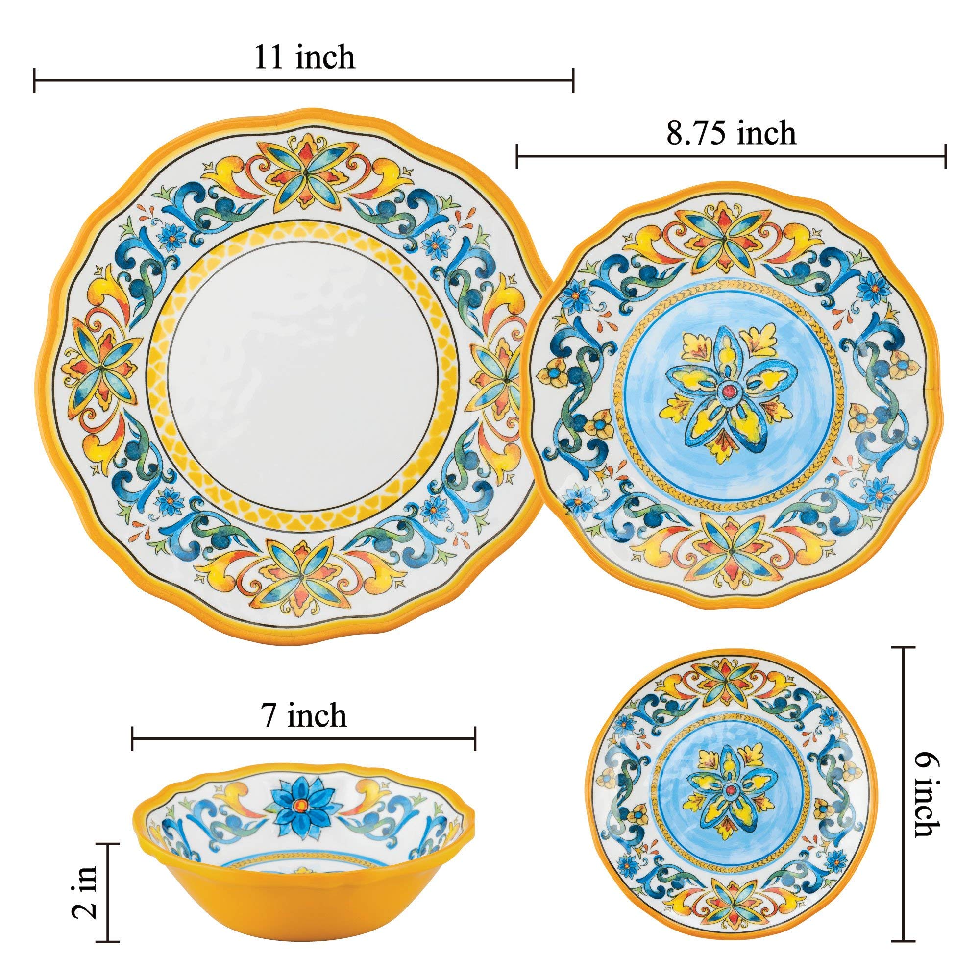 UP ware Chianti - Juego de vajilla de melamina de 16 piezas, juego de platos para exteriores, juegos de platos y cuencos, servicio para 4, multicolor