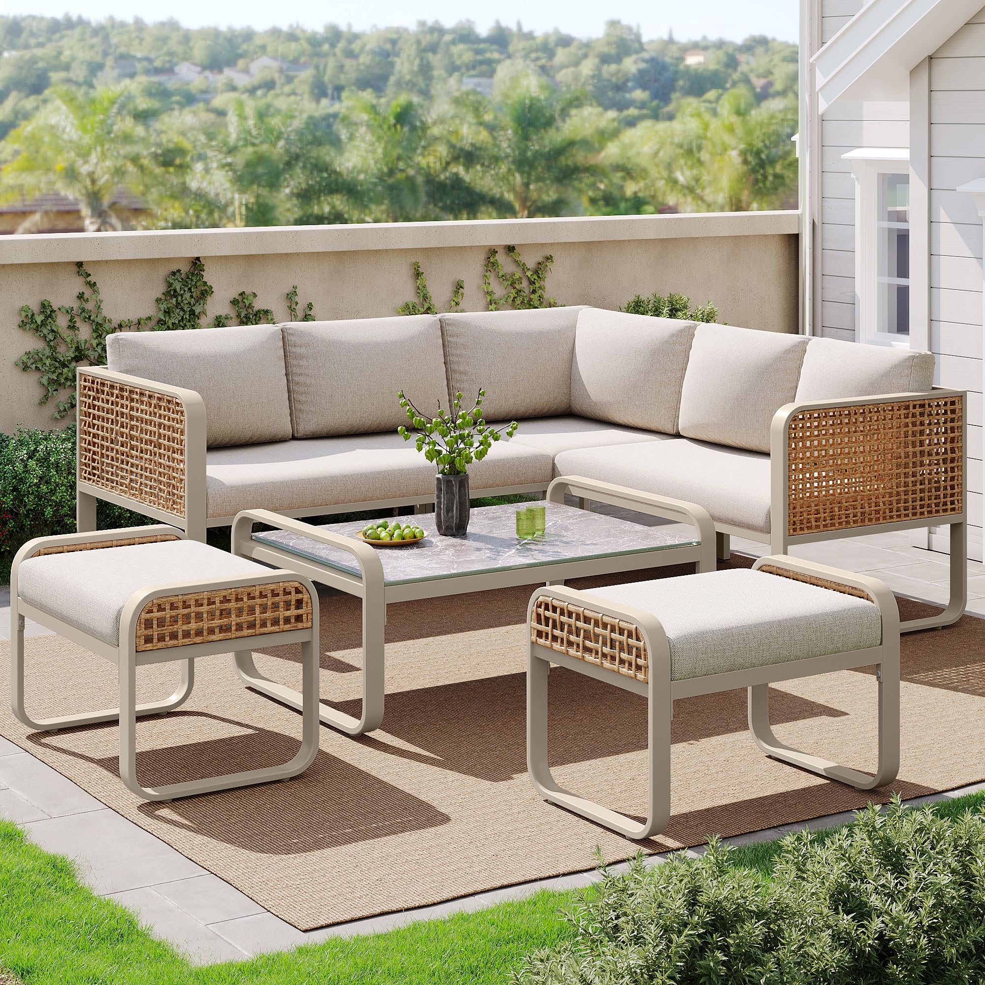 Ensemble salon de jardin extérieur pour 6-7 personnes, canapé de jardin, canapé d'angle avec structure en fer galvanisé, pieds réglables, y compris tous les coussins d'assise et de dossier, beige