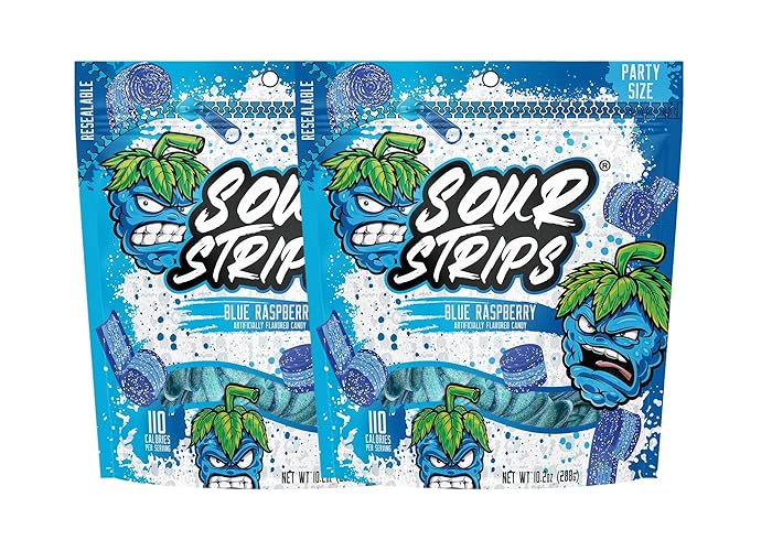 Sour Strips Sour Candy Belts, Blue Raspberry Resealable Candy Bags, 10.2 Ounce (Pack of 2) - Blue Raspberry Party Pack