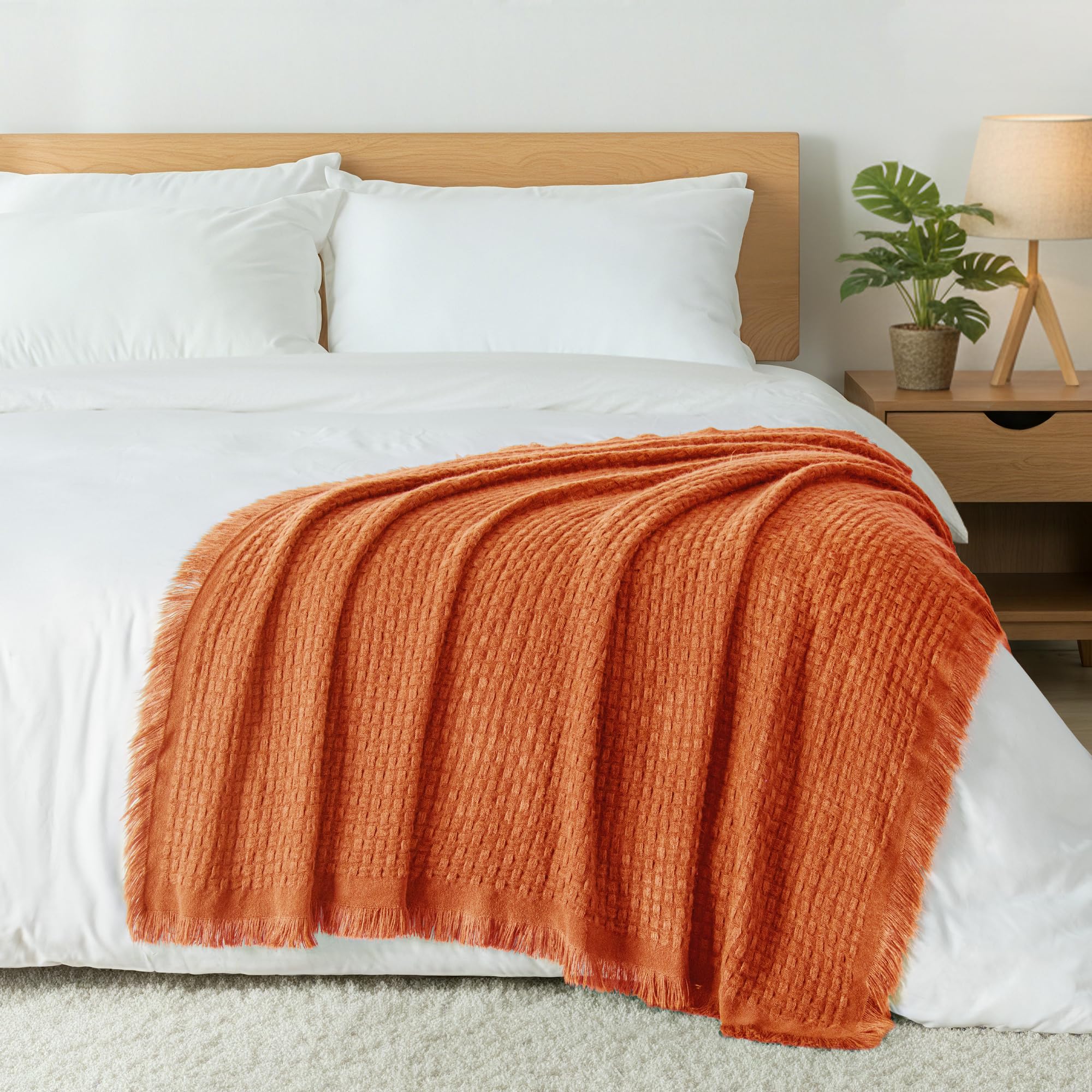 Exclusivo Mezcla Double Size Knit Blanket with Fringes for Bed, Reversible Super Soft and Breathable Woven Boho Throw for Summer, Home Decor, 150x200 CM, Burnt Orange