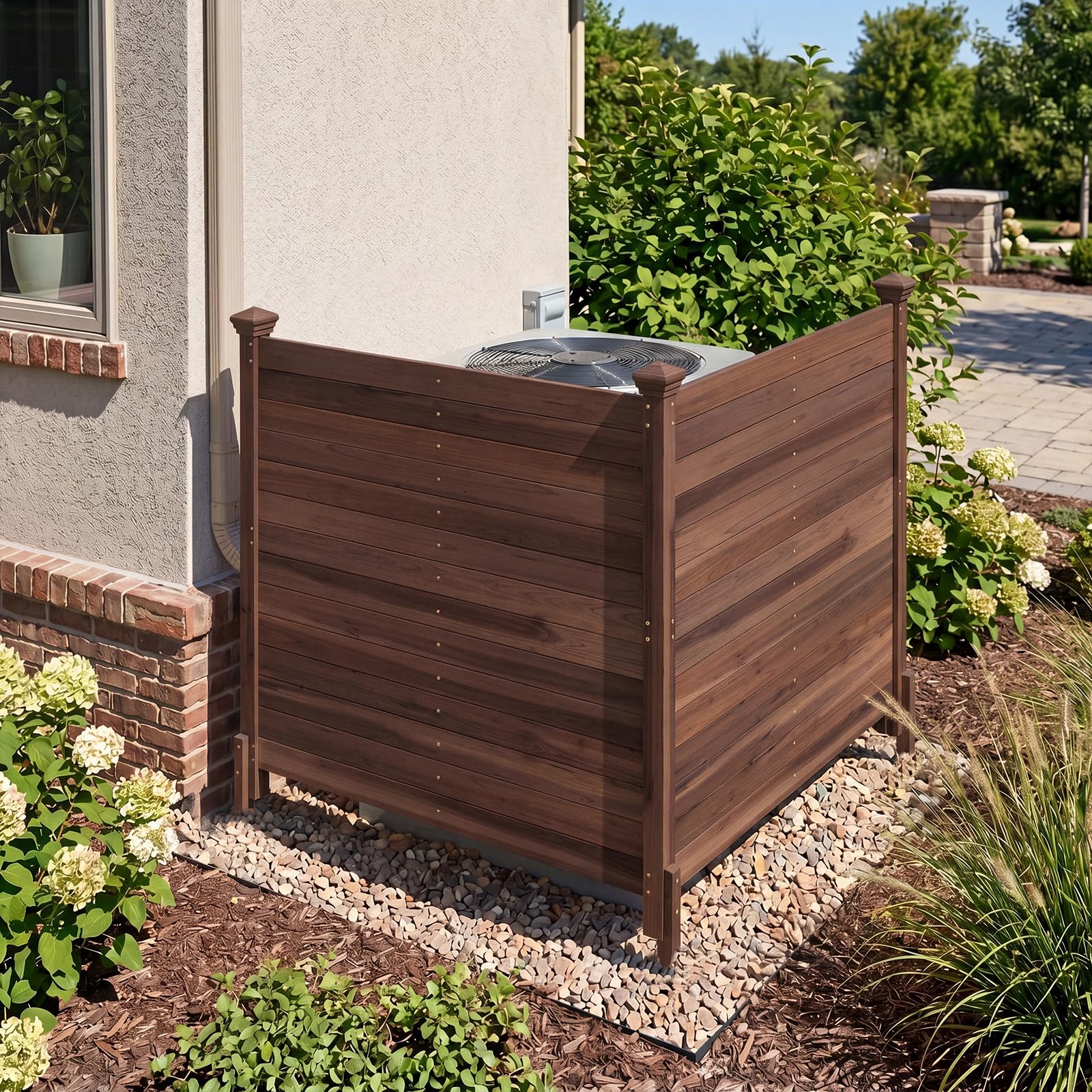 COSTWAY Gartenzaun 2-teilig, 119 x 119 cm, Tannenholz, Zaun mit 3 Pfosten, dekorativer Sichtschutzzaun, Holzzaun für Klimaanlagen Mülltonnen, freistehender Steckzaun für Garten Outdoor (Braun)