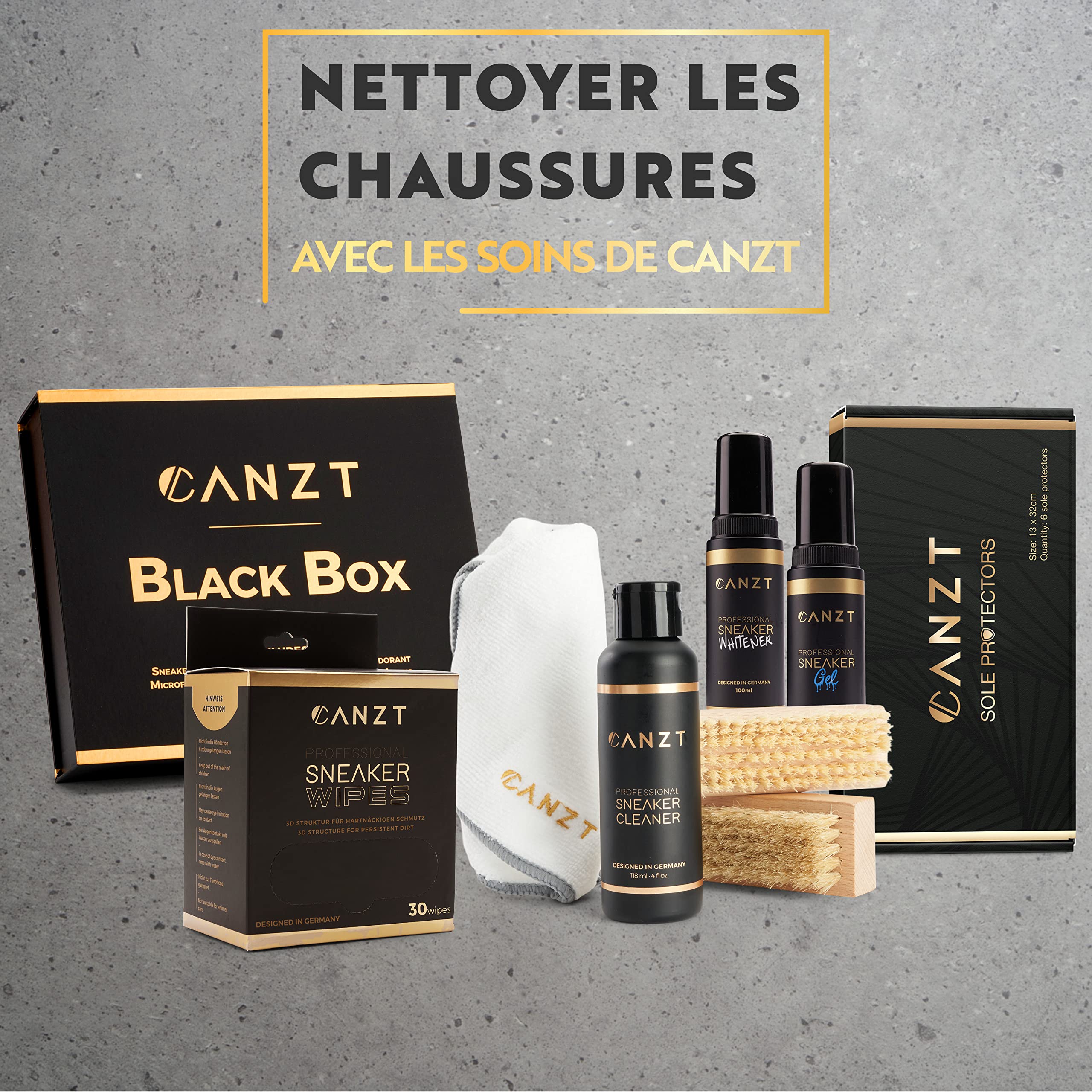 Canzt Kit Nettoyage Baskets Black Box – Nettoyant Chaussures Premium pour Cuir, Suède, Nubuck & Textile – Inclus Brosse, Lingettes, Déodorant & Chiffon Microfibre