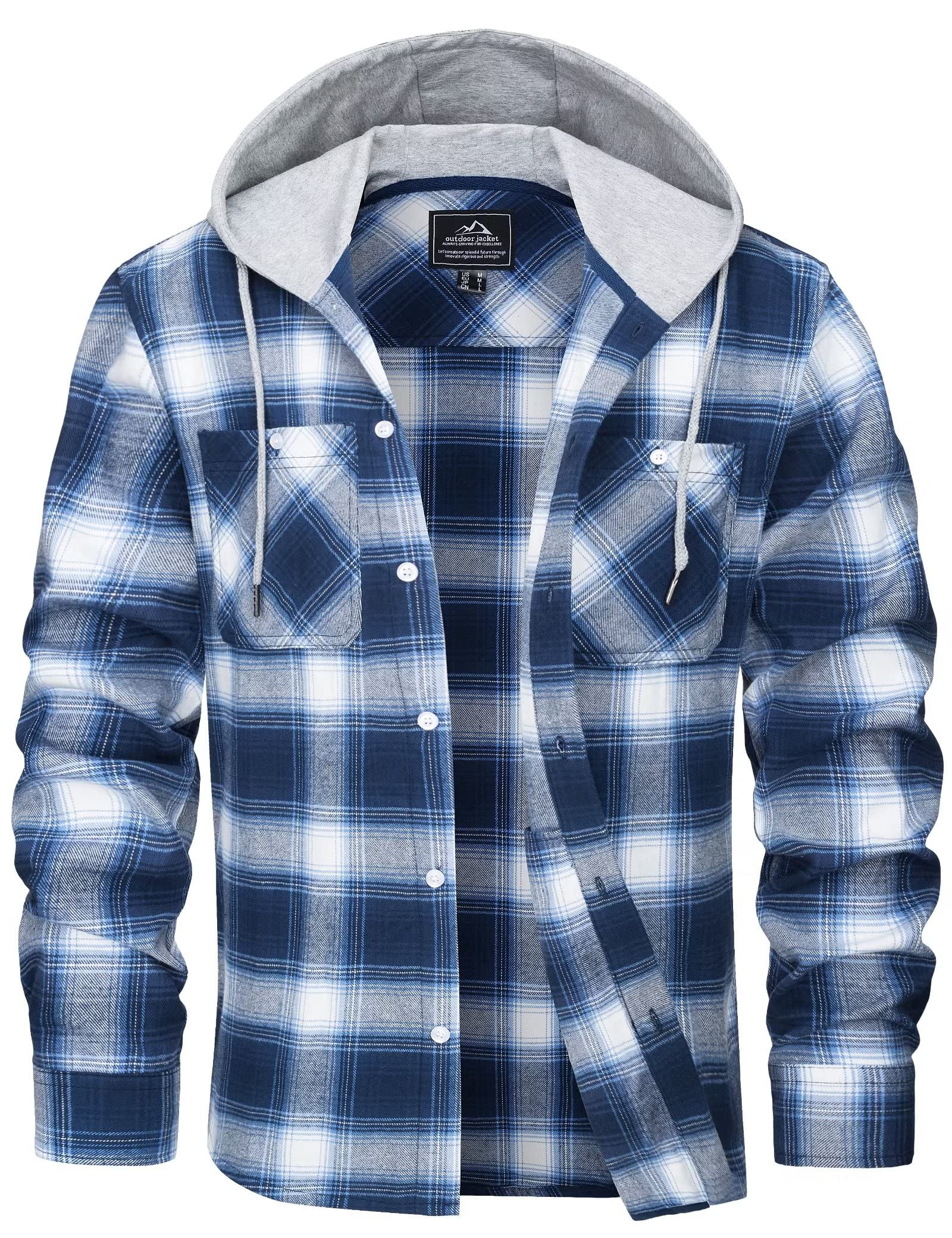 Photo 1 of MAGCOMSEN Men's Flannel Shirts Long Sleeve Button Down Flannel Shirt Jacket with Hood Casual Cotton Plaid Shirt Blue White Large