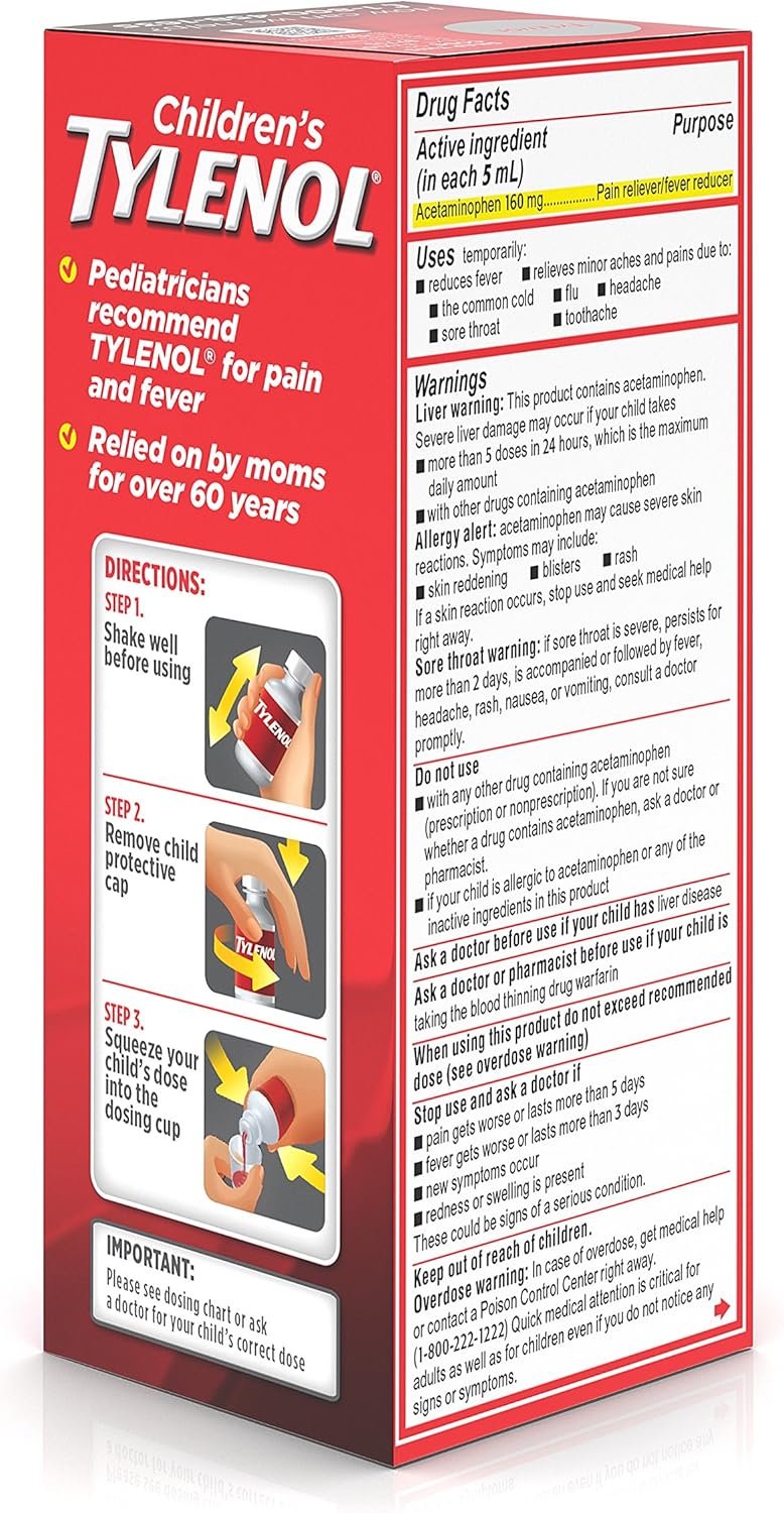 Johnson & Johnson Children's Tylenol Oral Suspension Medicine, Kids' Liquid Medicine Pain Reliever & Fever Reducer for Cold + Flu Symptoms, Aspirin-, Ibuprofen- & Alcohol- Free, Strawberry, 4 fl. oz
