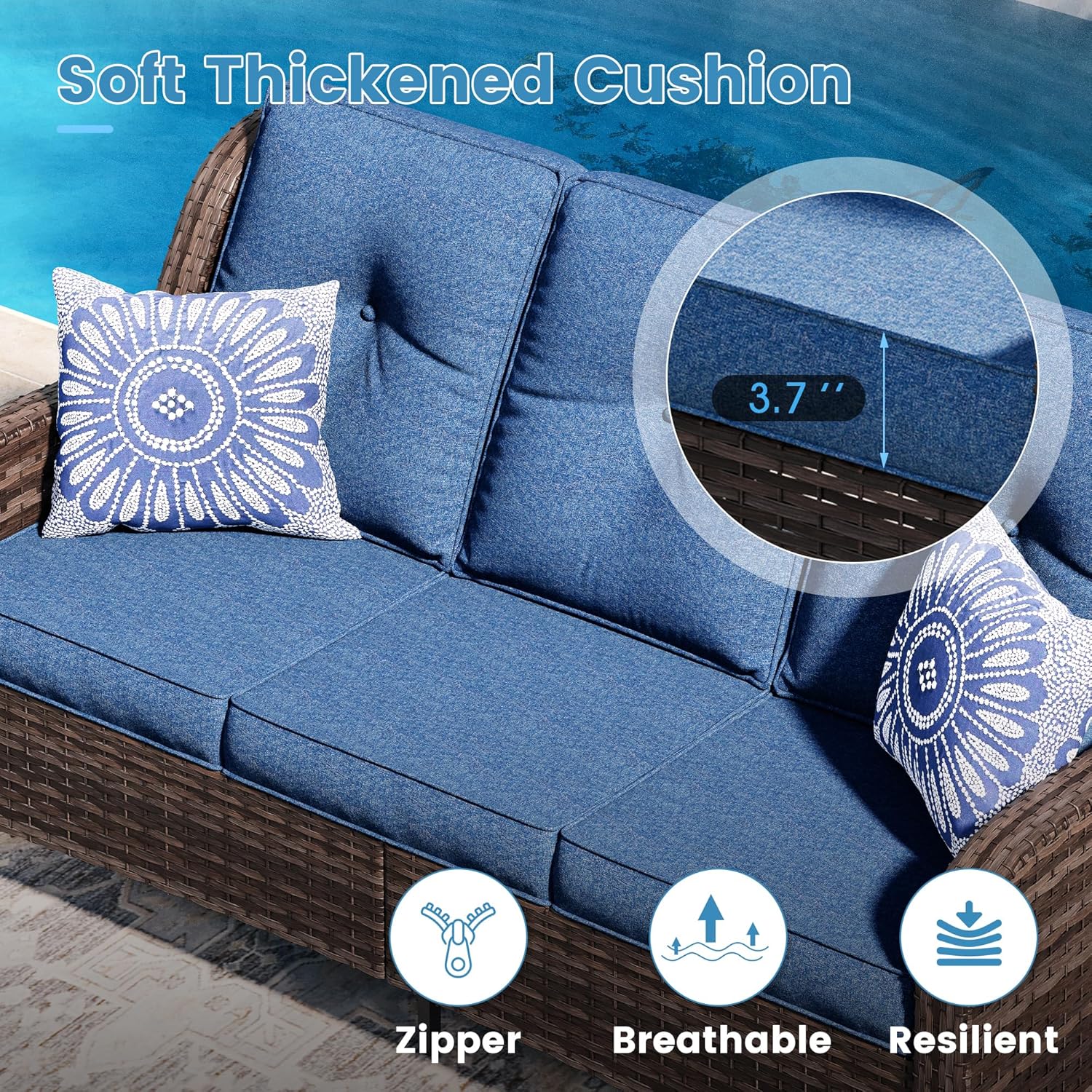 DIFY 8 Pieces Outdoor Patio Furniture Set with Fire Pit Table, PE Rattan Conversation Set with Wicker Chairs, Patio Couch Sofa, Ottomans and Washable Cushions for Garden Porch Balcony, Blue